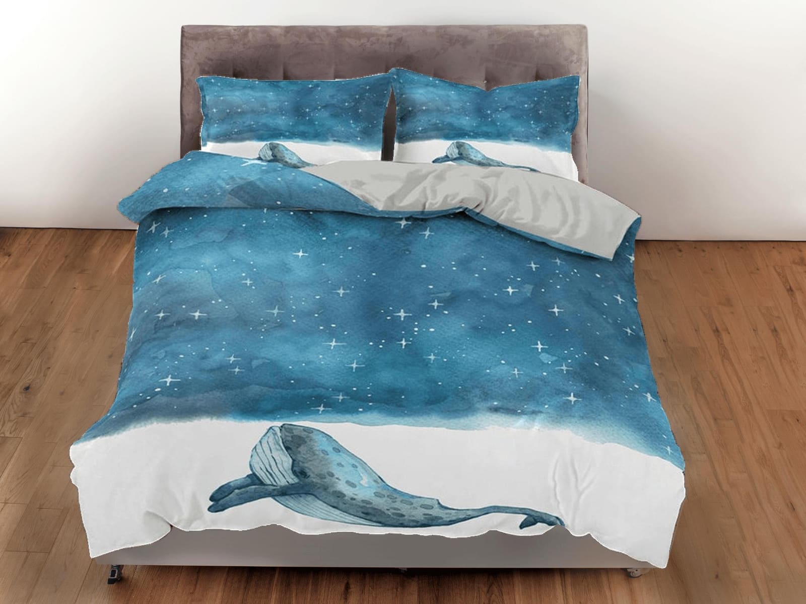 Stars in sky painted dolphin bedding artistic blue duvet cover, ocean blush decor sea animal bedding set full king queen t…