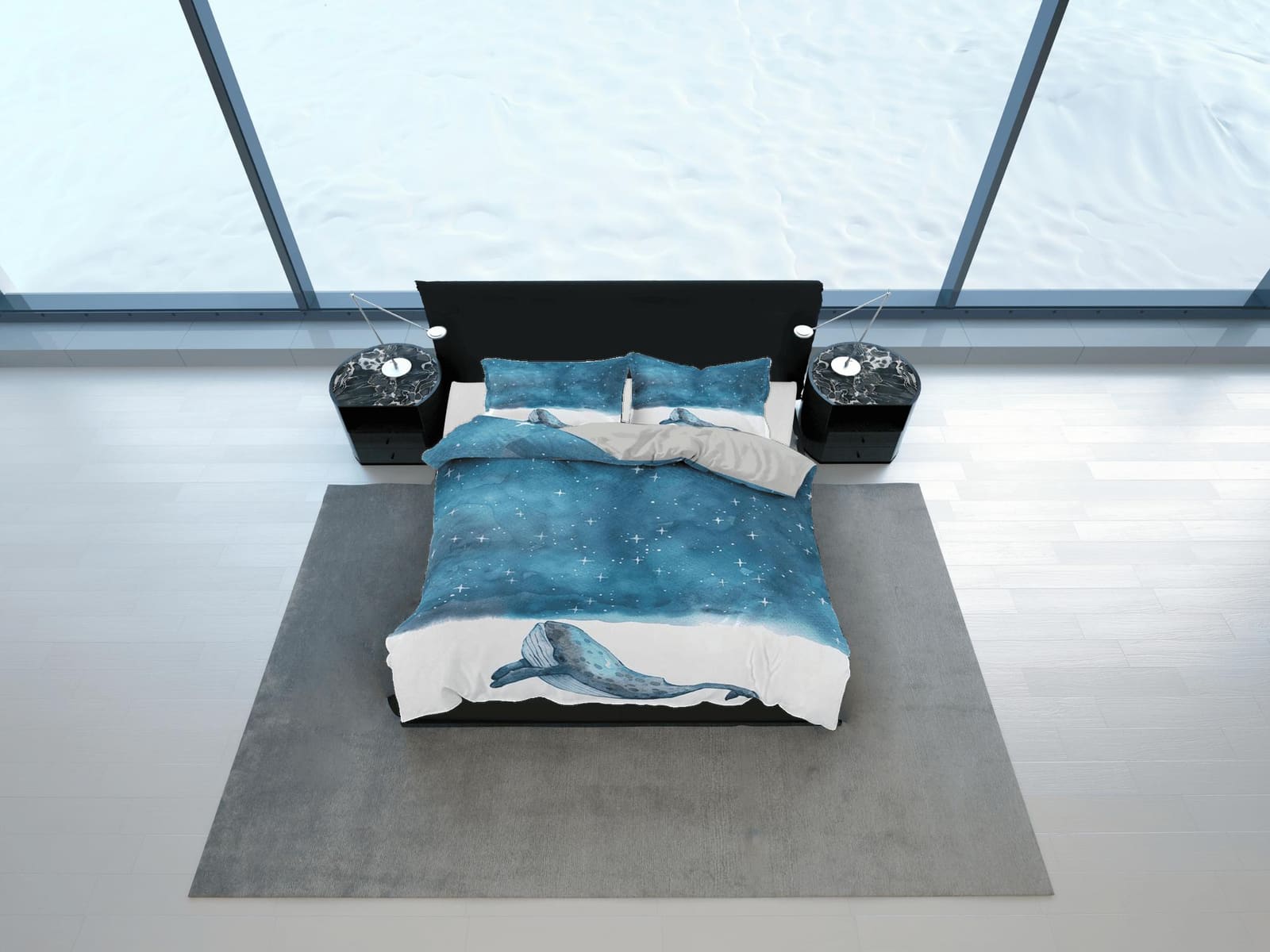 Stars in sky painted dolphin bedding artistic blue duvet cover, ocean blush decor sea animal bedding set full king queen t…