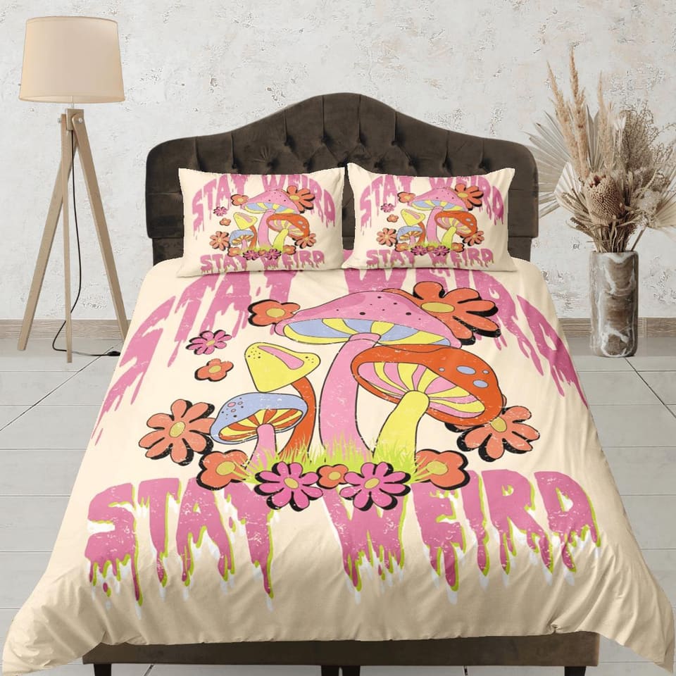 Stay weird 90s nostalgia hippie mushroom bedding boho retro duvet cover set, colorful bedding, teens and adult duvet cover…
