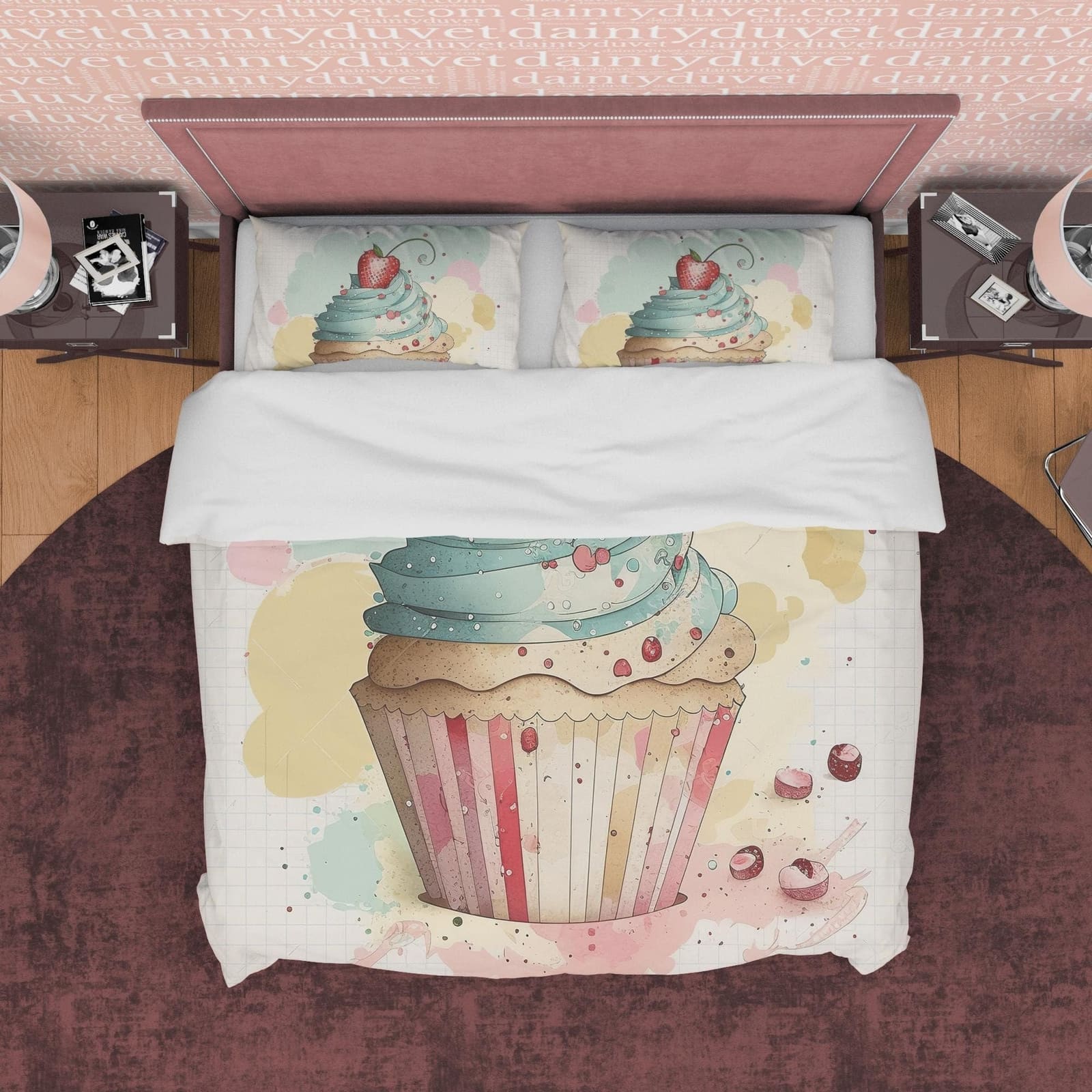 Strawberry Cupcake Duvet Cover Boho Bedroom Set, Watercolor Girly Bedspread, Cute Quilt Cover, Baby Girl Crib Bedding Set,…