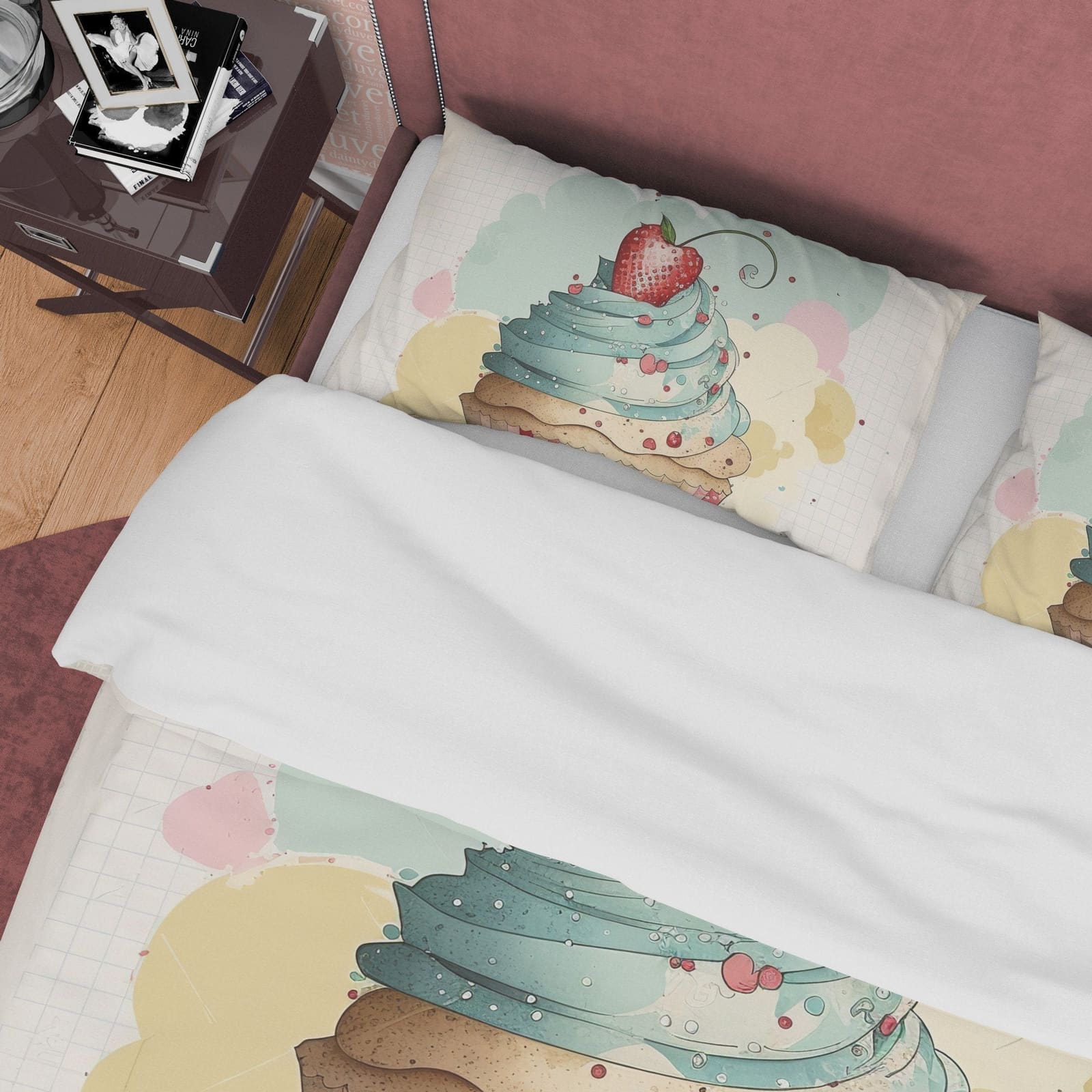 Strawberry Cupcake Duvet Cover Boho Bedroom Set, Watercolor Girly Bedspread, Cute Quilt Cover, Baby Girl Crib Bedding Set,…
