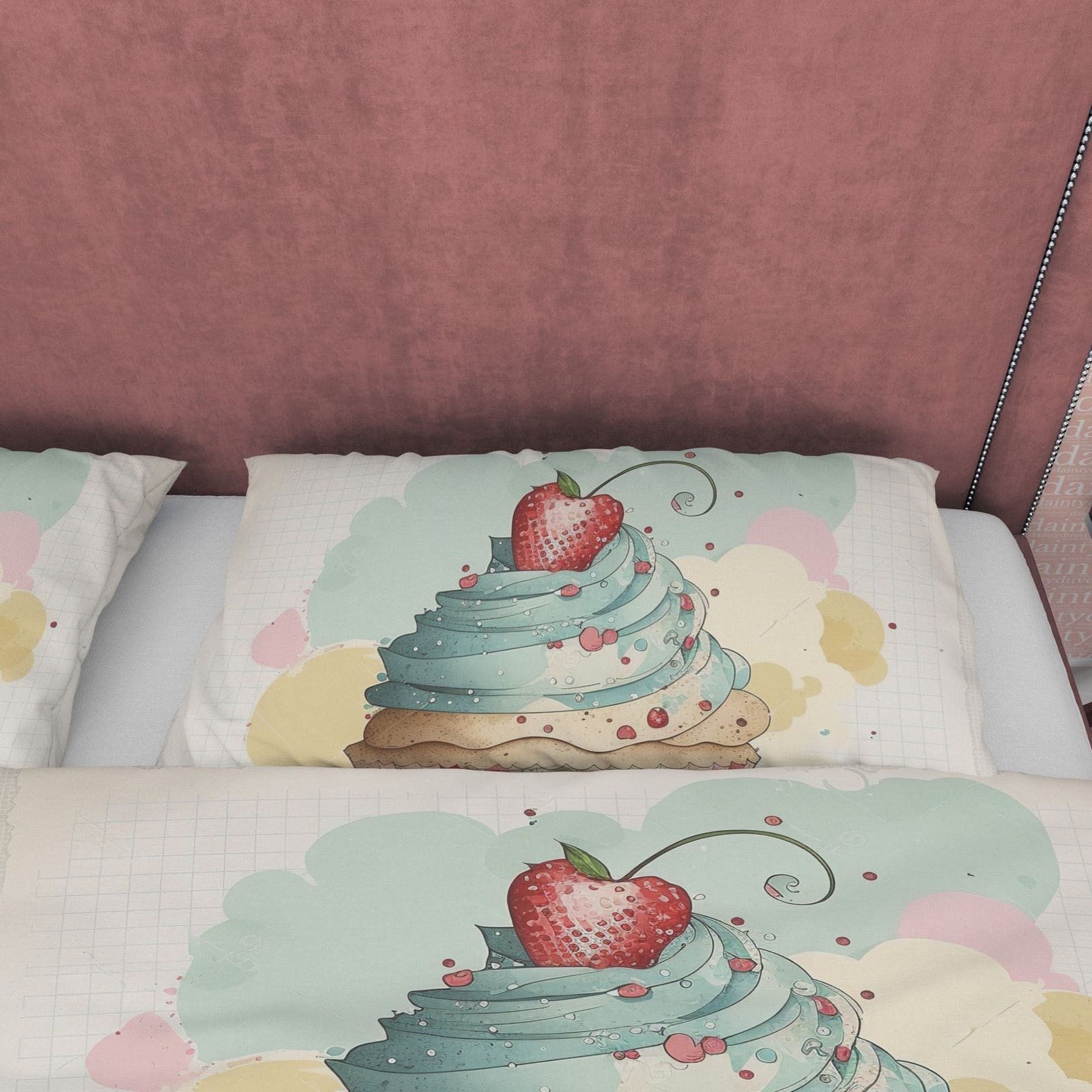 Strawberry Cupcake Duvet Cover Boho Bedroom Set, Watercolor Girly Bedspread, Cute Quilt Cover, Baby Girl Crib Bedding Set,…