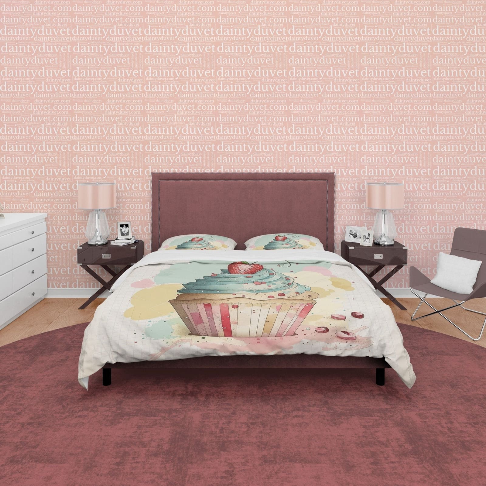 Strawberry Cupcake Duvet Cover Boho Bedroom Set, Watercolor Girly Bedspread, Cute Quilt Cover, Baby Girl Crib Bedding Set,…