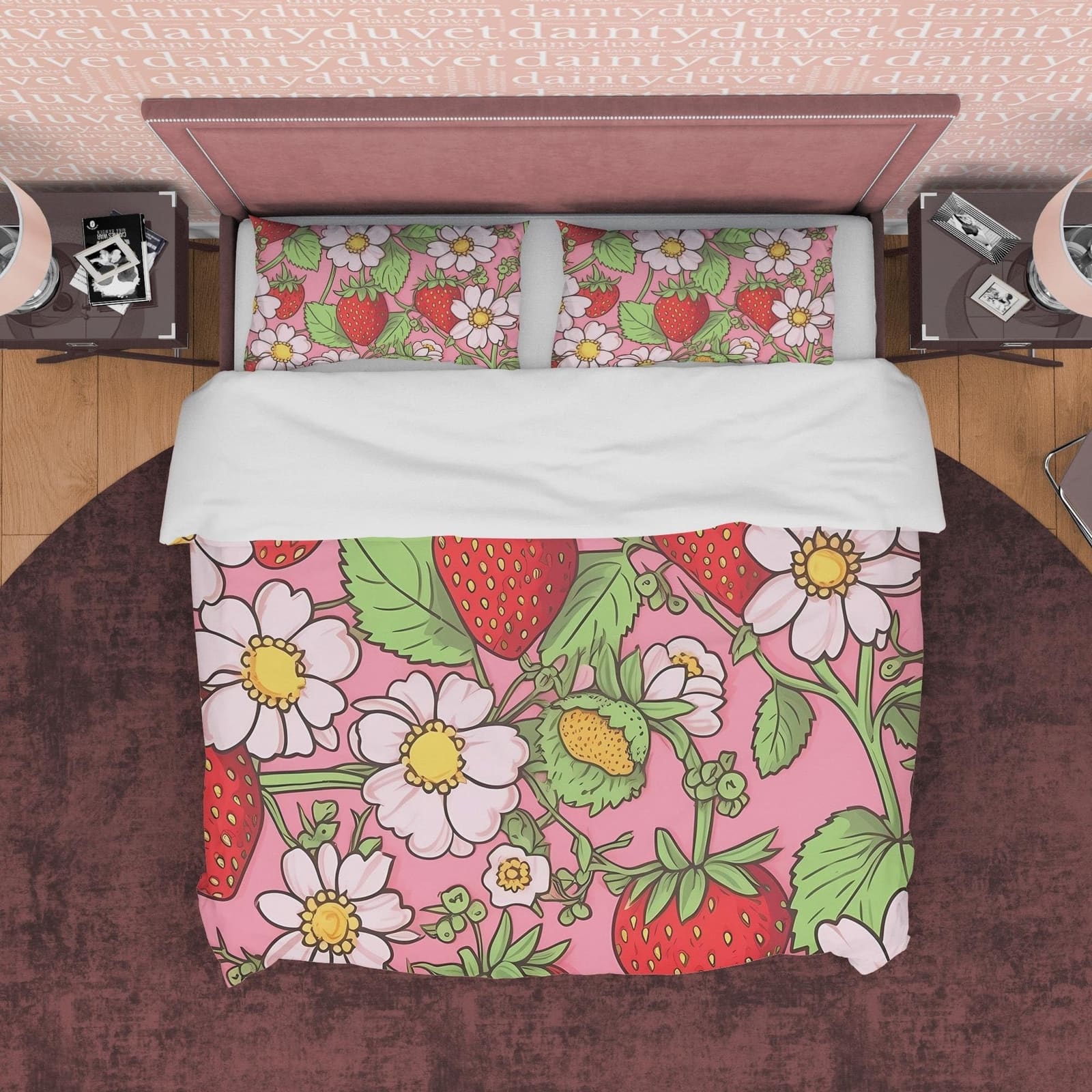 Strawberry Duvet Cover Boho Bedroom Set, Floral Pink Cute Bedspread, Girly Quilt Cover, Dorm Bedding, Baby Girl Toddler Be…