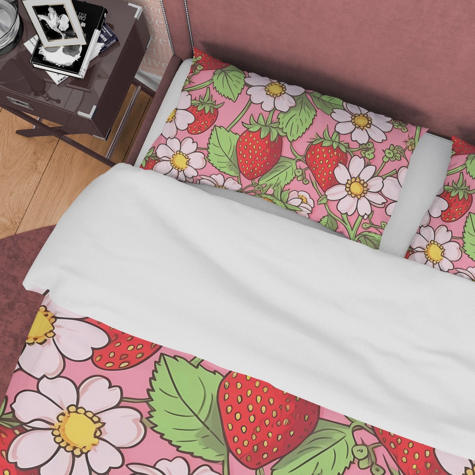 Strawberry Duvet Cover Boho Bedroom Set, Floral Pink Cute Bedspread, Girly Quilt Cover, Dorm Bedding, Baby Girl Toddler Be…
