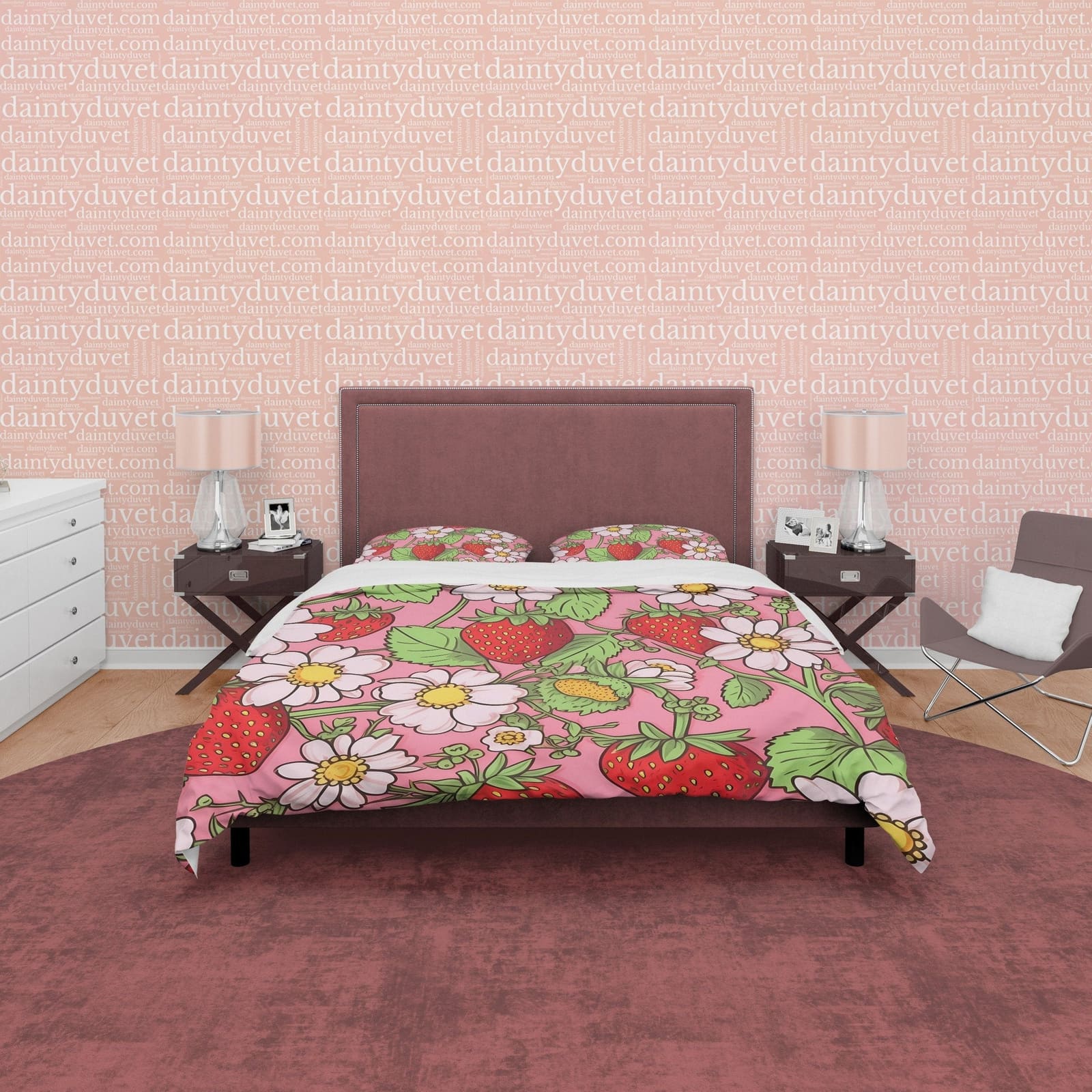 Strawberry Duvet Cover Boho Bedroom Set, Floral Pink Cute Bedspread, Girly Quilt Cover, Dorm Bedding, Baby Girl Toddler Be…