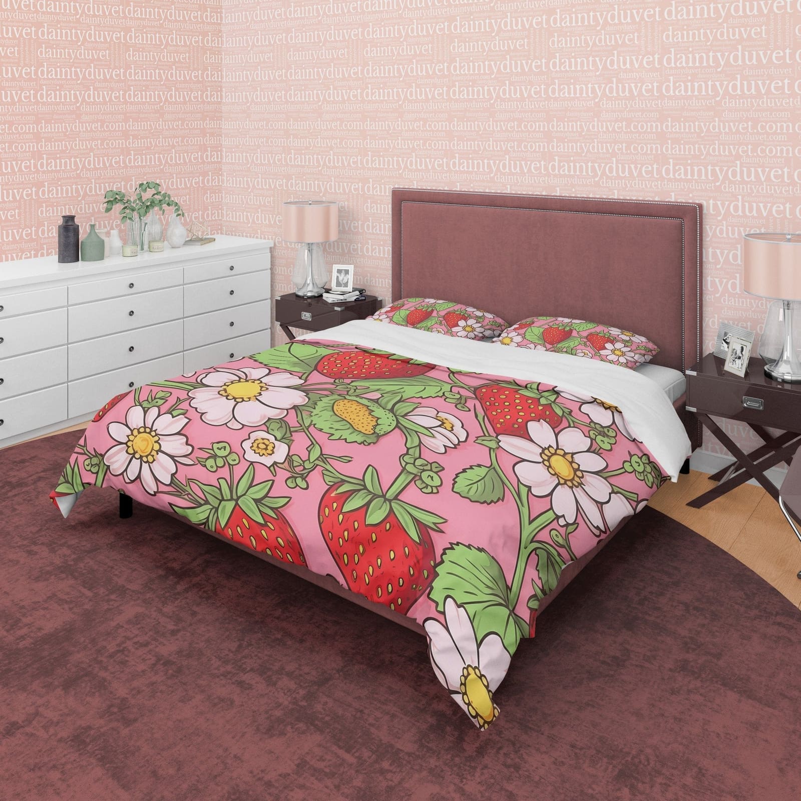 Strawberry Duvet Cover Boho Bedroom Set, Floral Pink Cute Bedspread, Girly Quilt Cover, Dorm Bedding, Baby Girl Toddler Be…