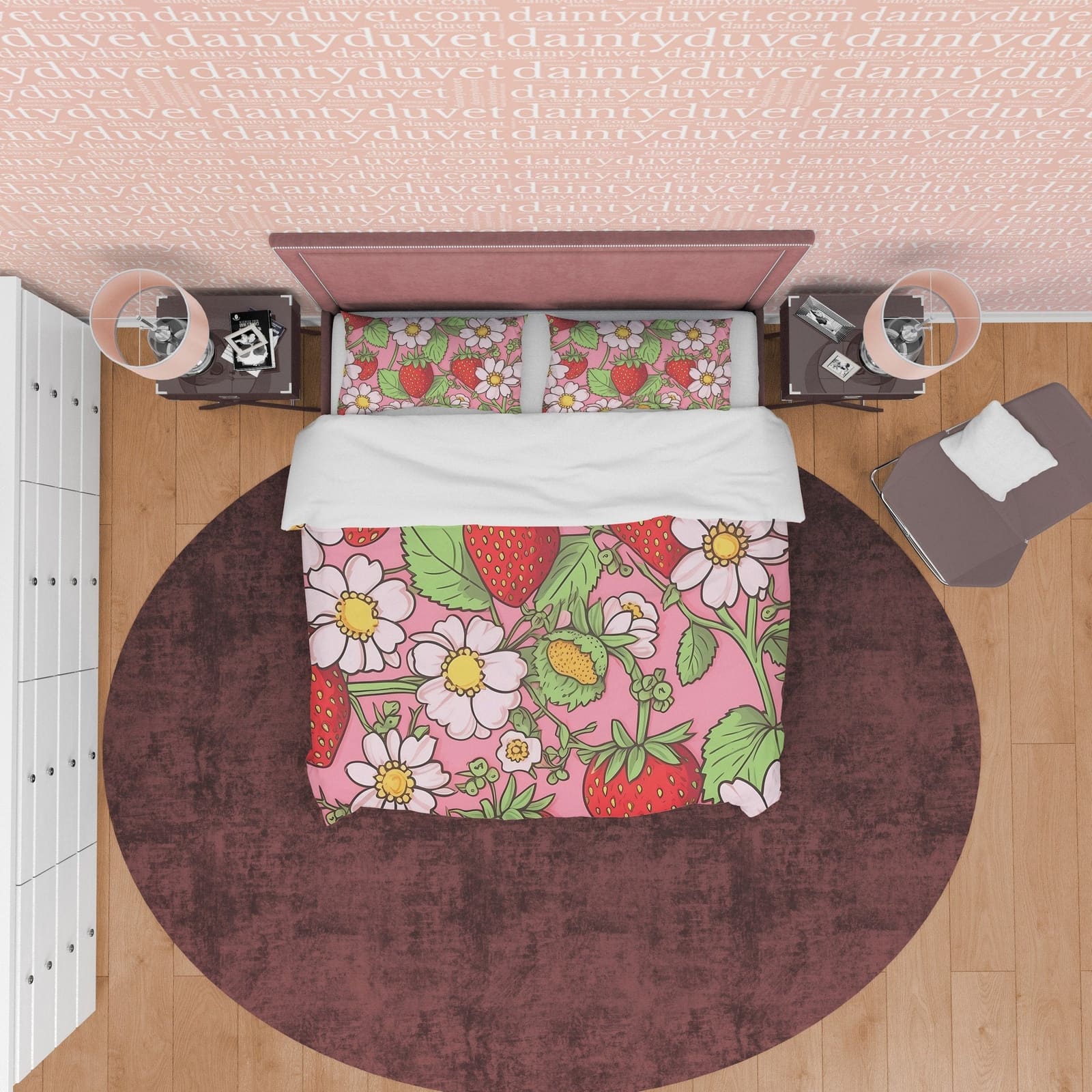 Strawberry Duvet Cover Boho Bedroom Set, Floral Pink Cute Bedspread, Girly Quilt Cover, Dorm Bedding, Baby Girl Toddler Be…