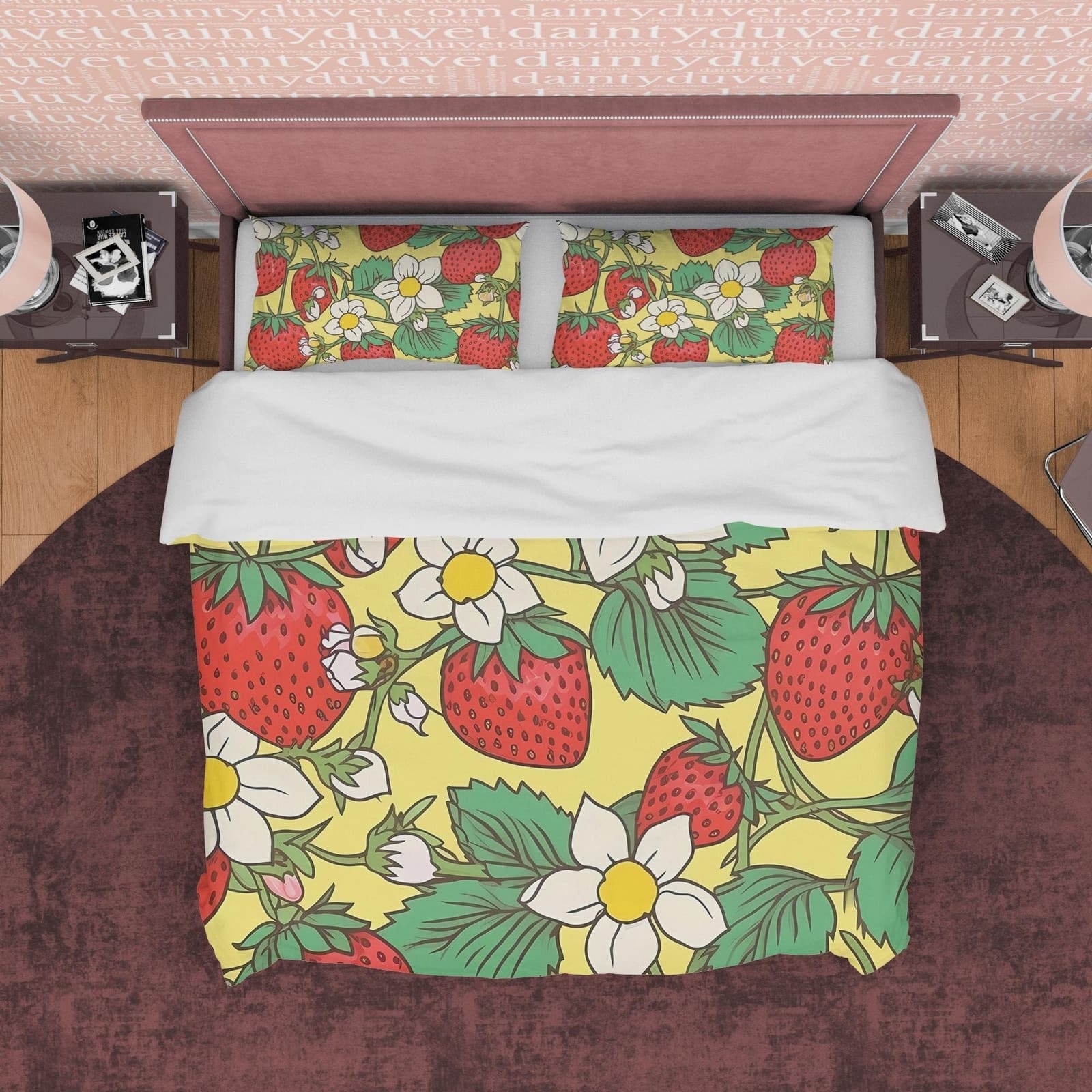 Strawberry Floral Duvet Cover Boho Bedroom Set, Cute Bedspread, Girly Quilt Cover, Dorm Bedding, Baby Girl Toddler Bedding…