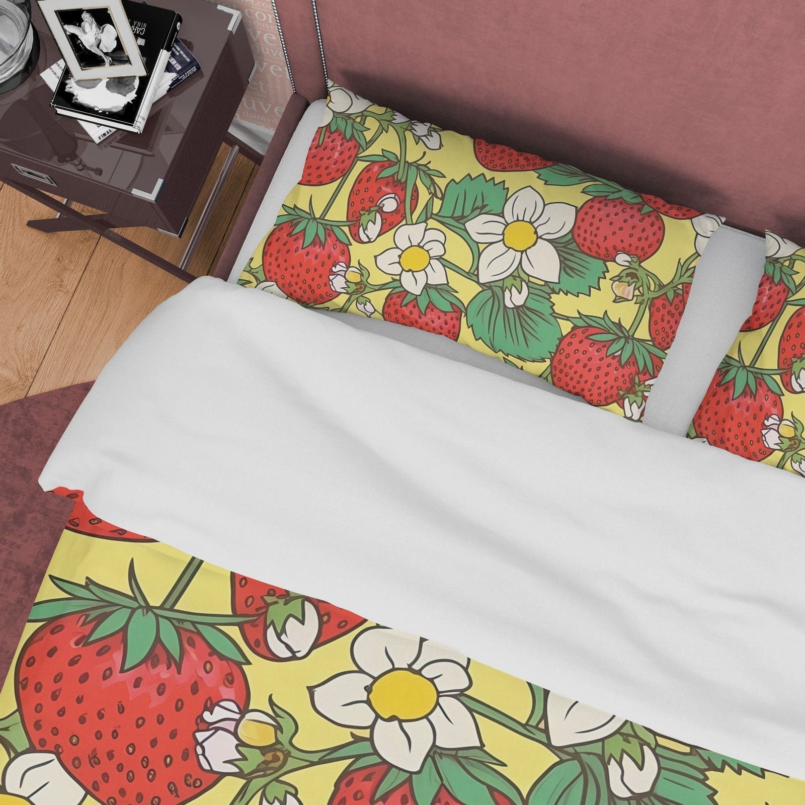 Strawberry Floral Duvet Cover Boho Bedroom Set, Cute Bedspread, Girly Quilt Cover, Dorm Bedding, Baby Girl Toddler Bedding…