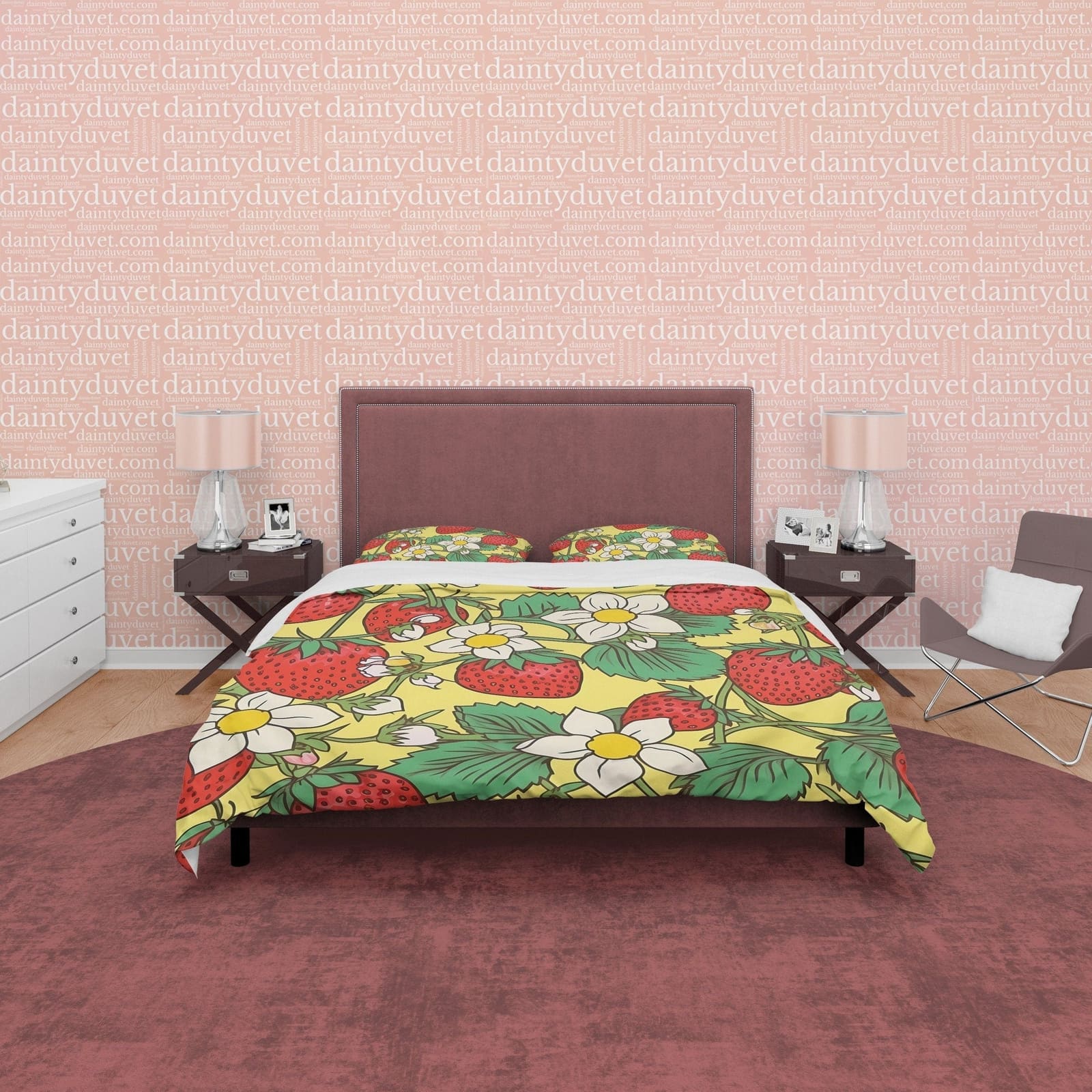 Strawberry Floral Duvet Cover Boho Bedroom Set, Cute Bedspread, Girly Quilt Cover, Dorm Bedding, Baby Girl Toddler Bedding…