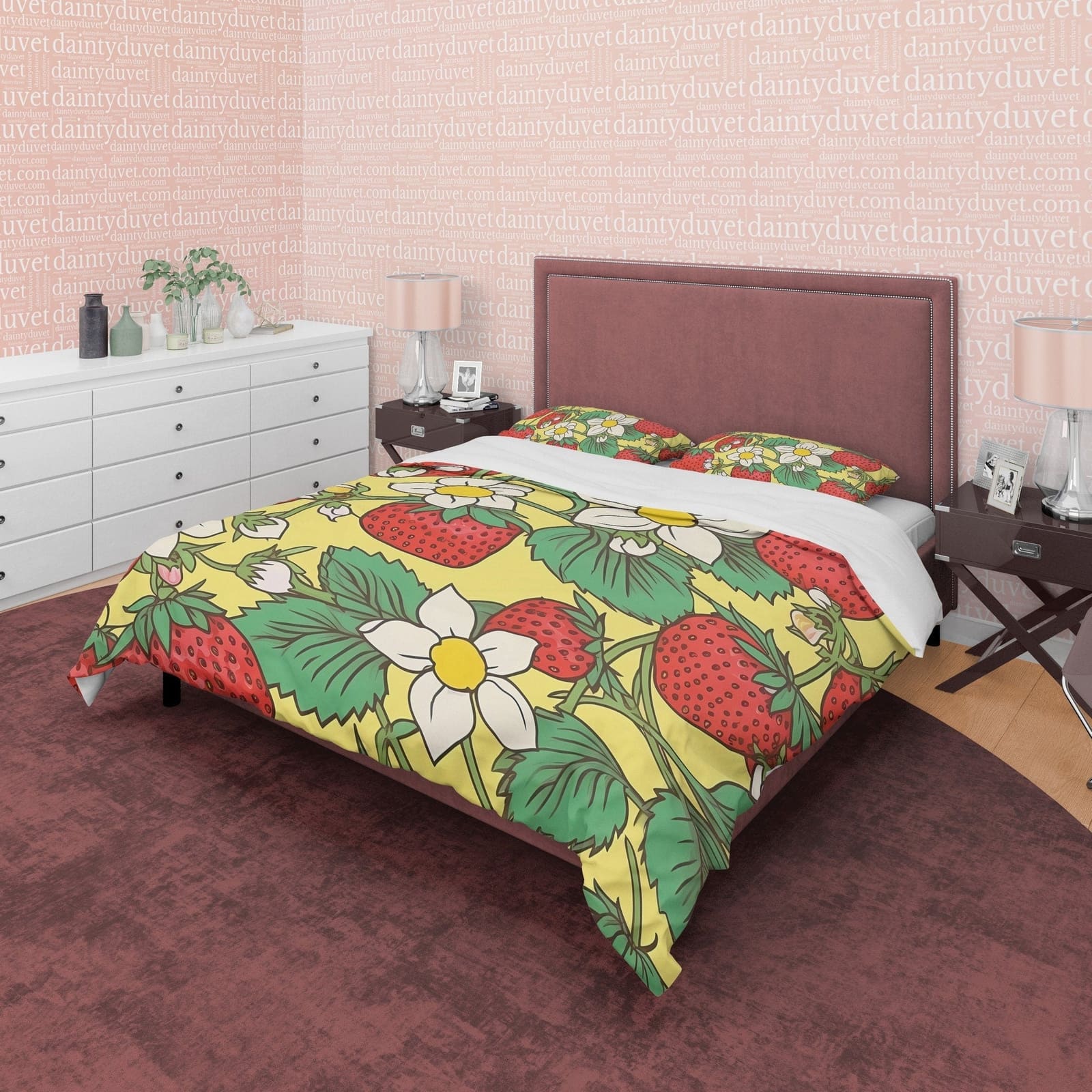 Strawberry Floral Duvet Cover Boho Bedroom Set, Cute Bedspread, Girly Quilt Cover, Dorm Bedding, Baby Girl Toddler Bedding…
