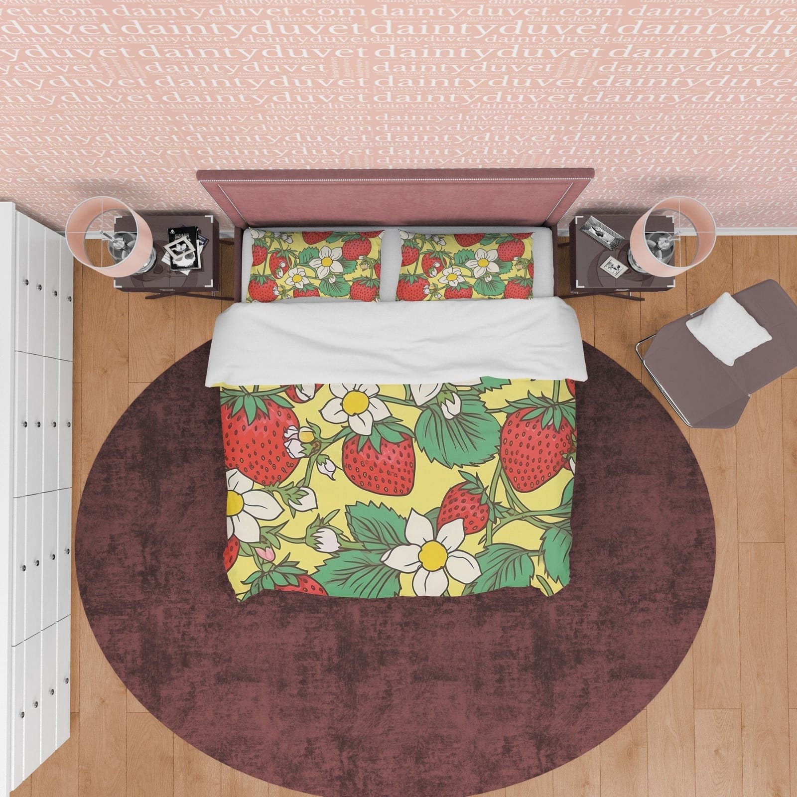 Strawberry Floral Duvet Cover Boho Bedroom Set, Cute Bedspread, Girly Quilt Cover, Dorm Bedding, Baby Girl Toddler Bedding…