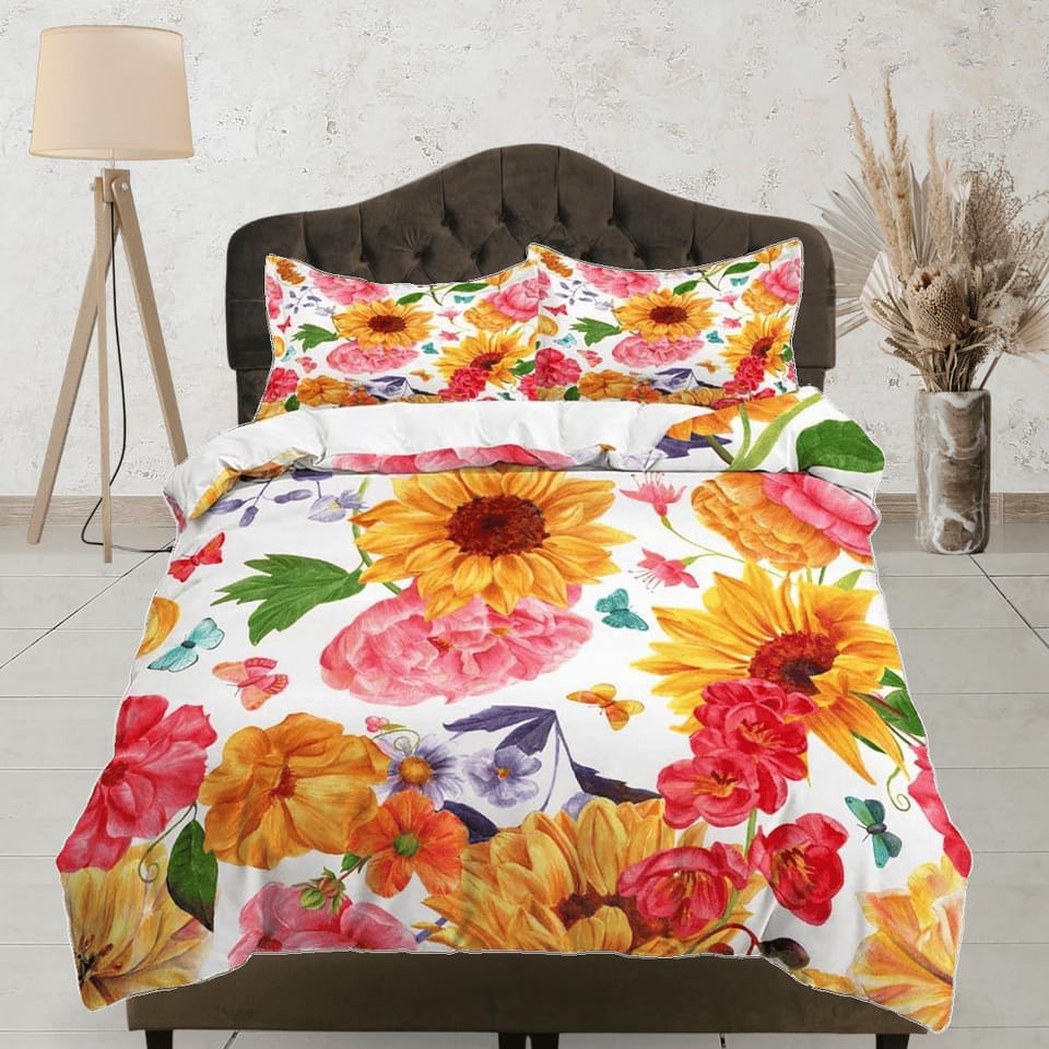 Summer sunflower floral duvet cover colorful bedding, teen girl bedroom, baby girl crib bedding boho maximalist bedspread…