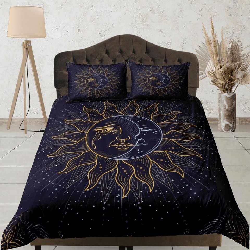 Sun and crescent moon bedding, celestial duvet, witchy decor dorm bedding, aesthetic duvet, boho bedding set full king que…