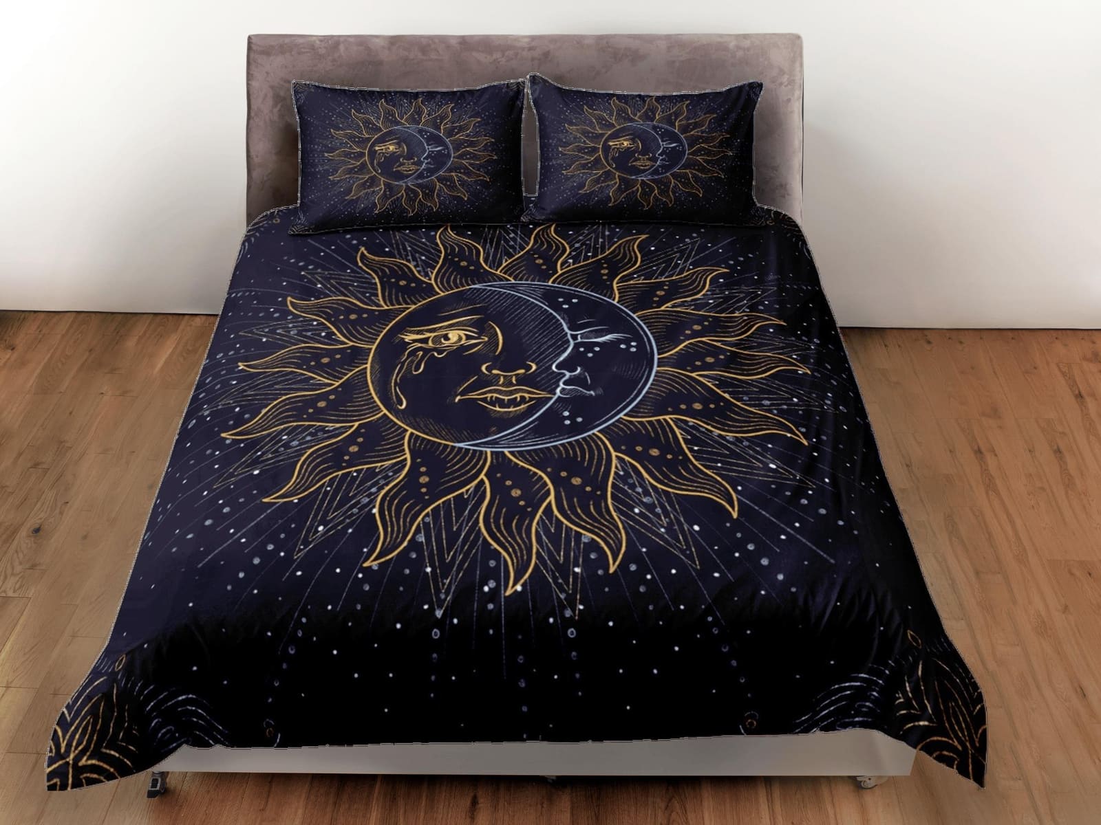 Sun and crescent moon bedding, celestial duvet, witchy decor dorm bedding, aesthetic duvet, boho bedding set full king que…