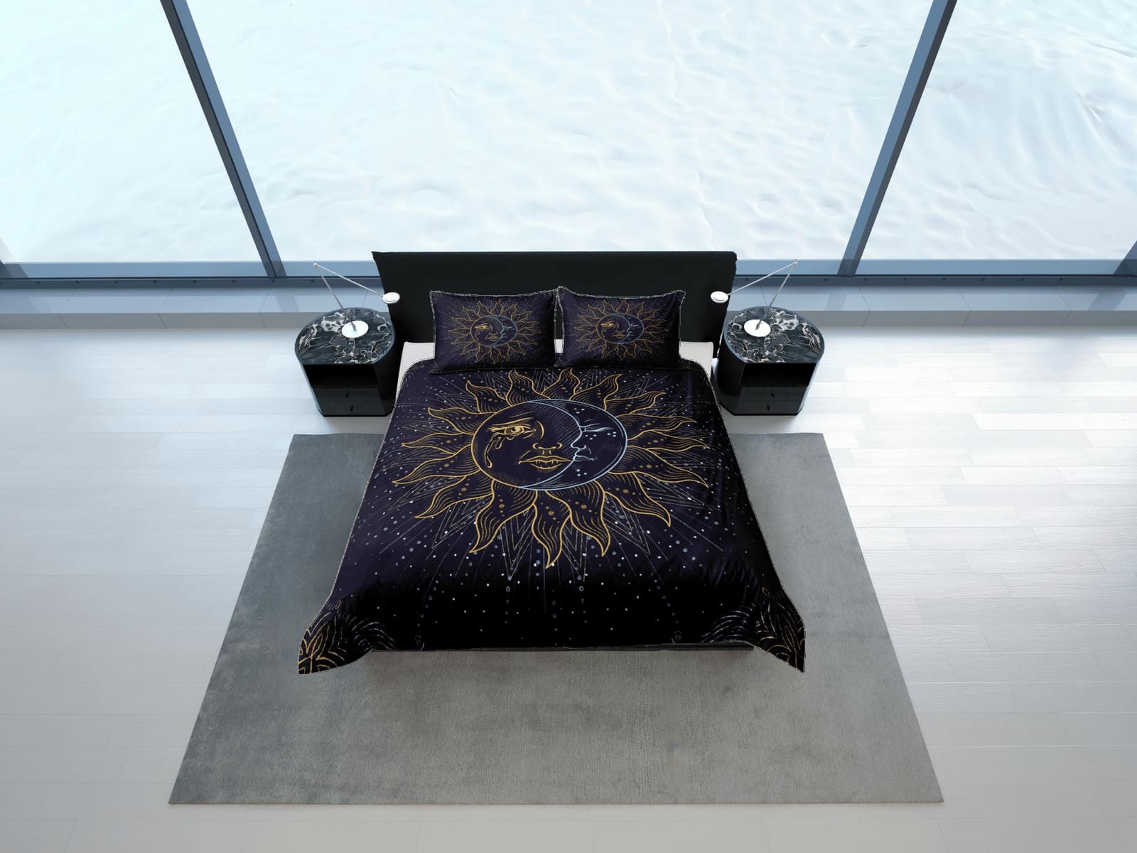 Sun and crescent moon bedding, celestial duvet, witchy decor dorm bedding, aesthetic duvet, boho bedding set full king que…