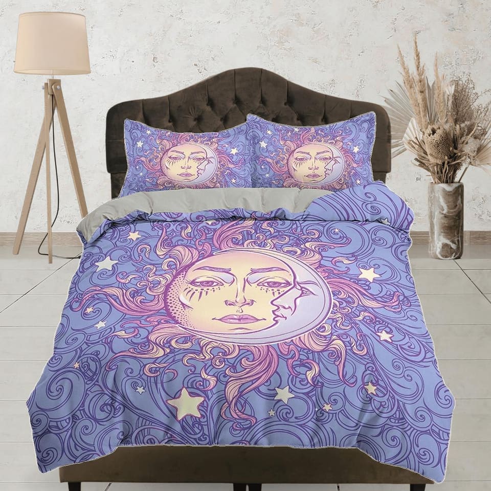 Sun and Moon Astrology Boho Bedding, Zodiac Gift Celestial Dorm Bedding, Duvet Cover Set, Aesthetic Duvet Cover King Queen…