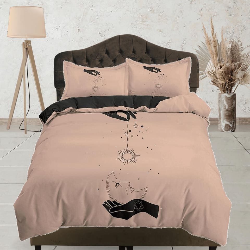 Sun and Moon Boho Beige Bedding Minimalist, Zodiac Gift Celestial Dorm Bedding, Astrology Duvet Cover Set, Aesthetic Duvet…