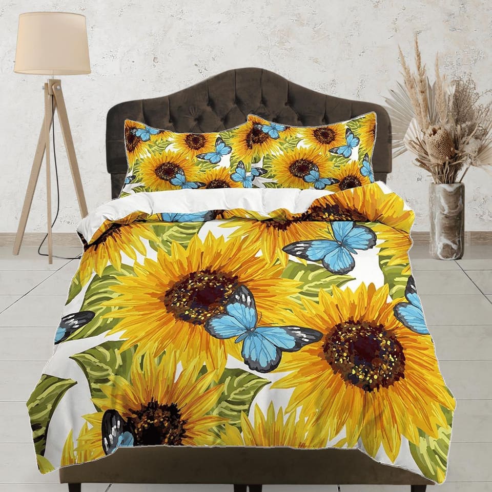 Sun flower and blue monarch butterfly floral duvet cover queen, king, boho duvet, designer bedding, aesthetic bedding, max…