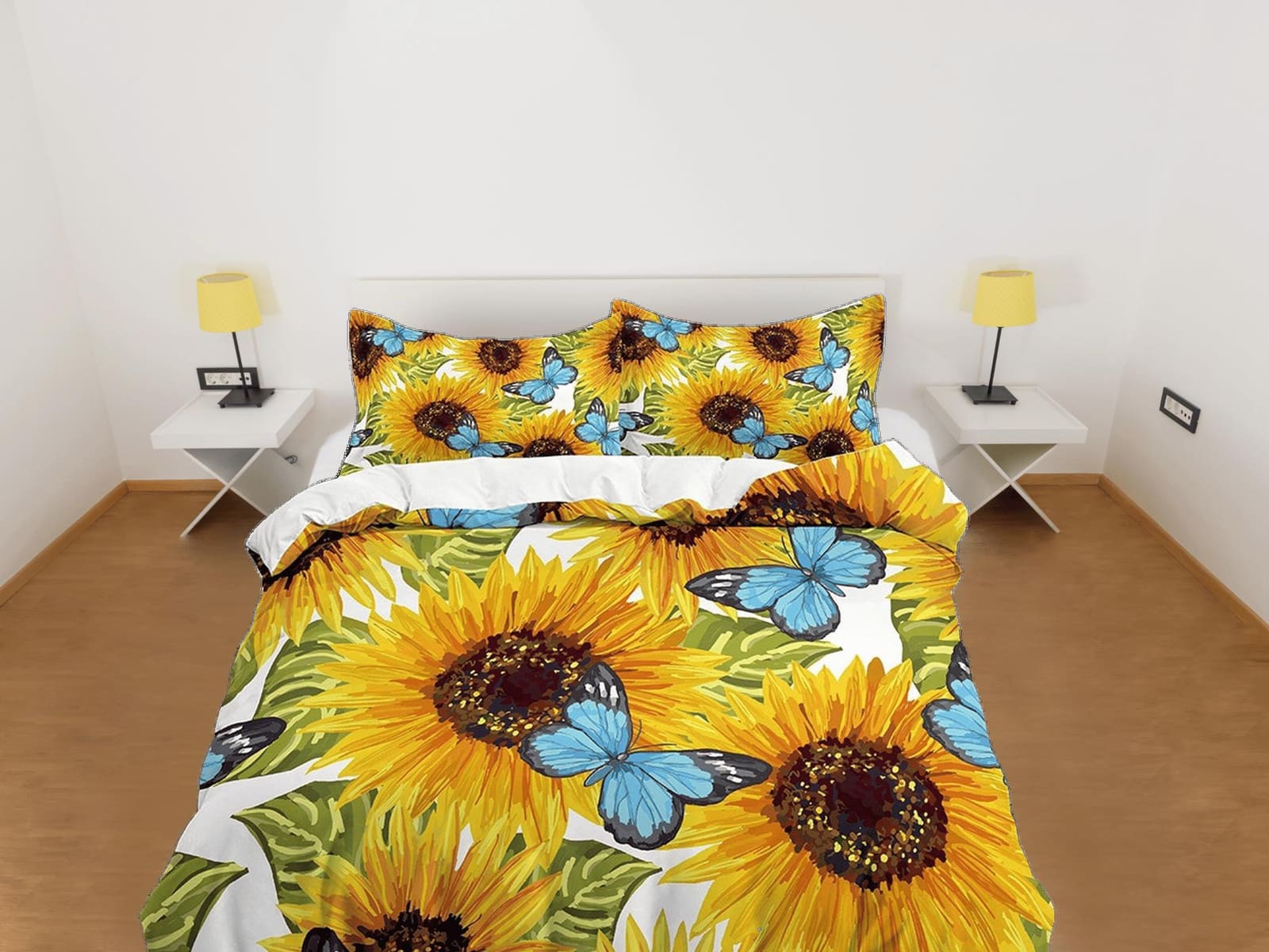Sun flower and blue monarch butterfly floral duvet cover queen, king, boho duvet, designer bedding, aesthetic bedding, max…