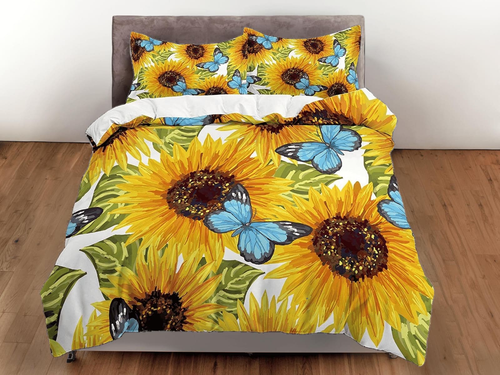 Sun flower and blue monarch butterfly floral duvet cover queen, king, boho duvet, designer bedding, aesthetic bedding, max…