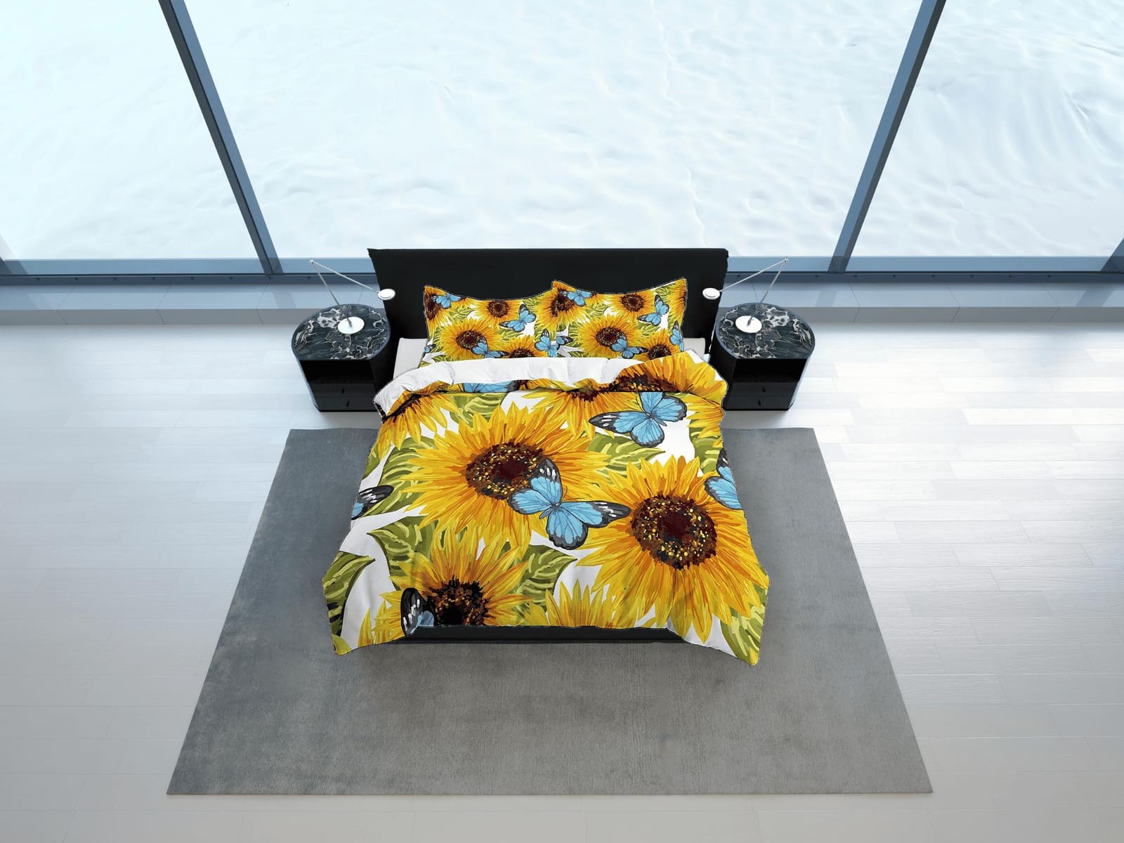 Sun flower and blue monarch butterfly floral duvet cover queen, king, boho duvet, designer bedding, aesthetic bedding, max…