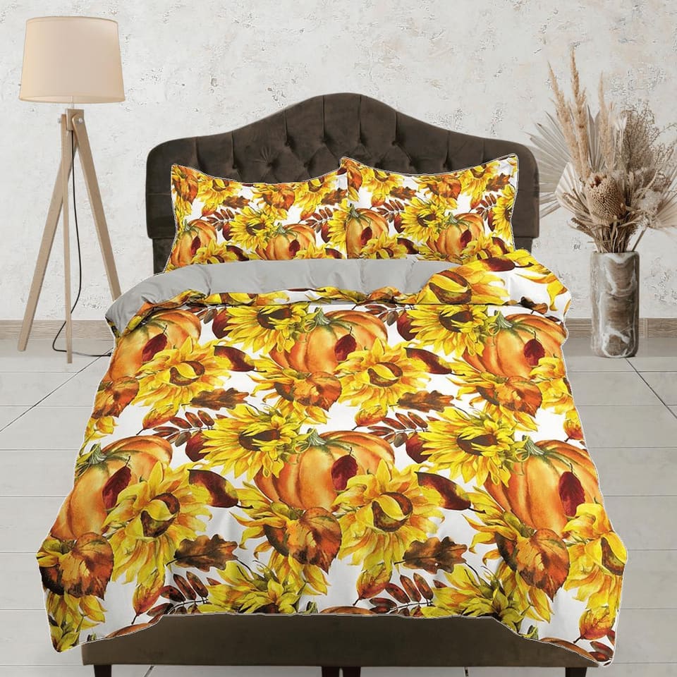 Sunflower and pumpkin bedding & pillowcase, yellow duvet cover set dorm bedding, halloween decor, nursery toddler bedding,…