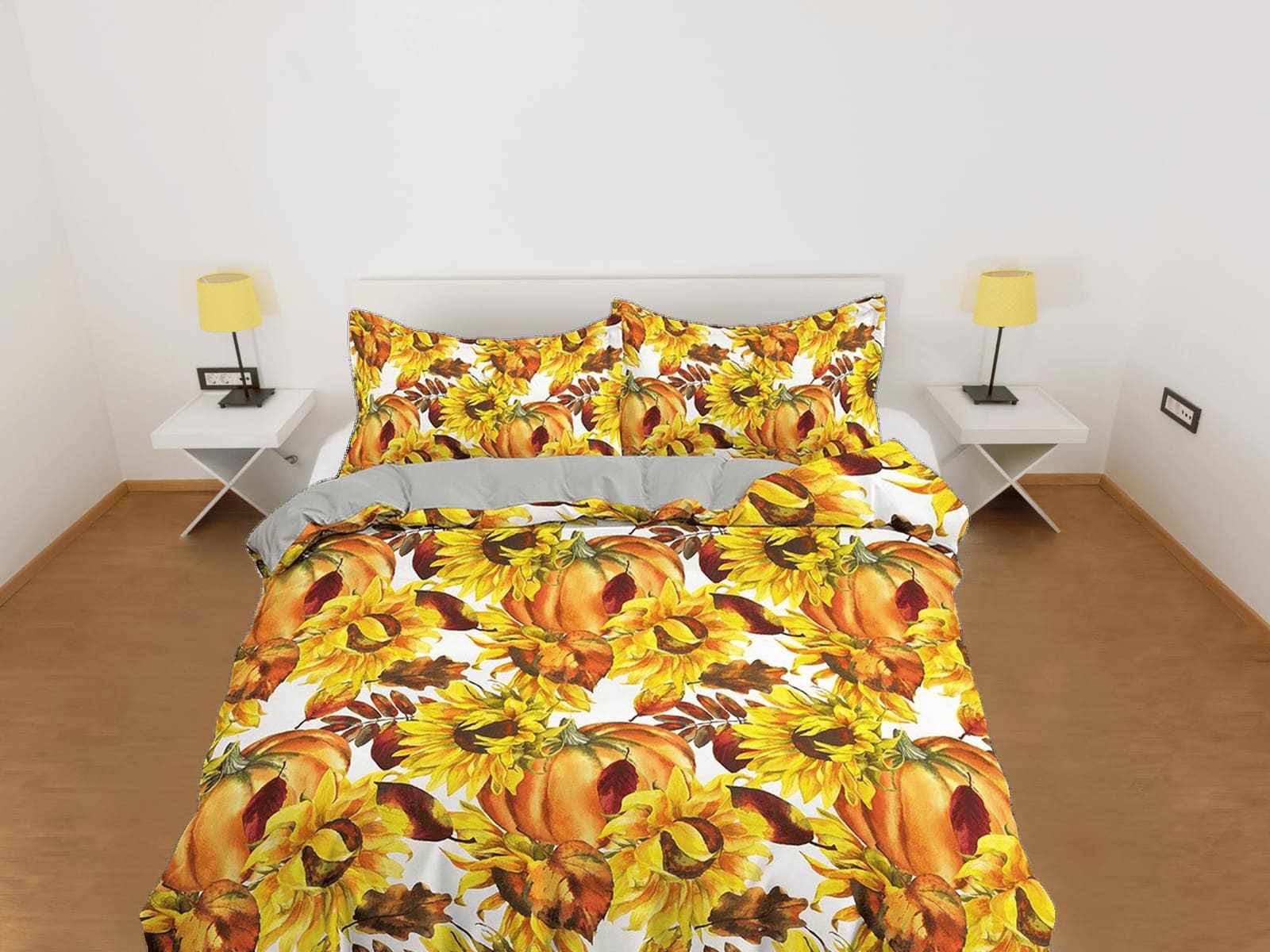 Sunflower and pumpkin bedding & pillowcase, yellow duvet cover set dorm bedding, halloween decor, nursery toddler bedding,…