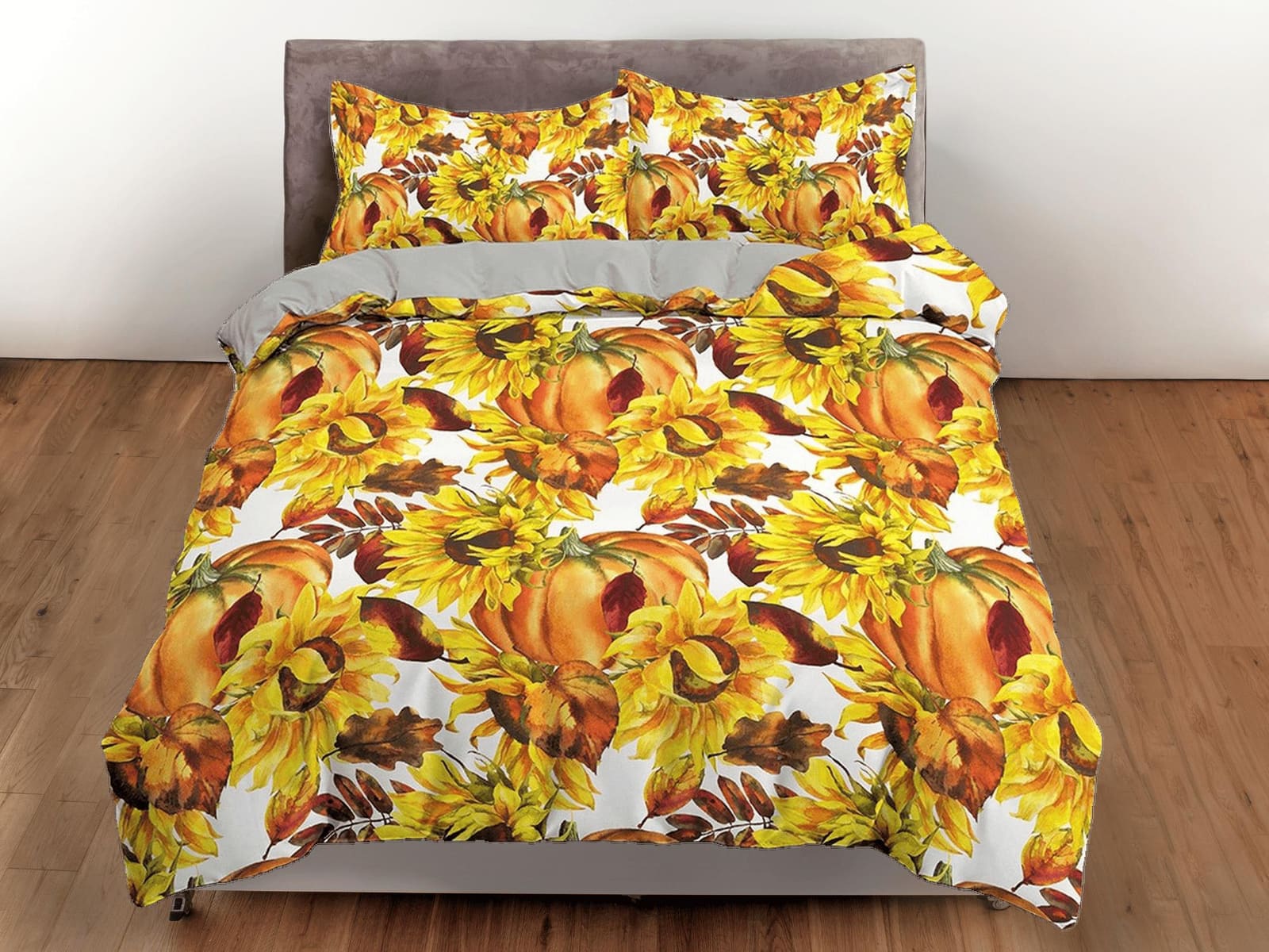 Sunflower and pumpkin bedding & pillowcase, yellow duvet cover set dorm bedding, halloween decor, nursery toddler bedding,…