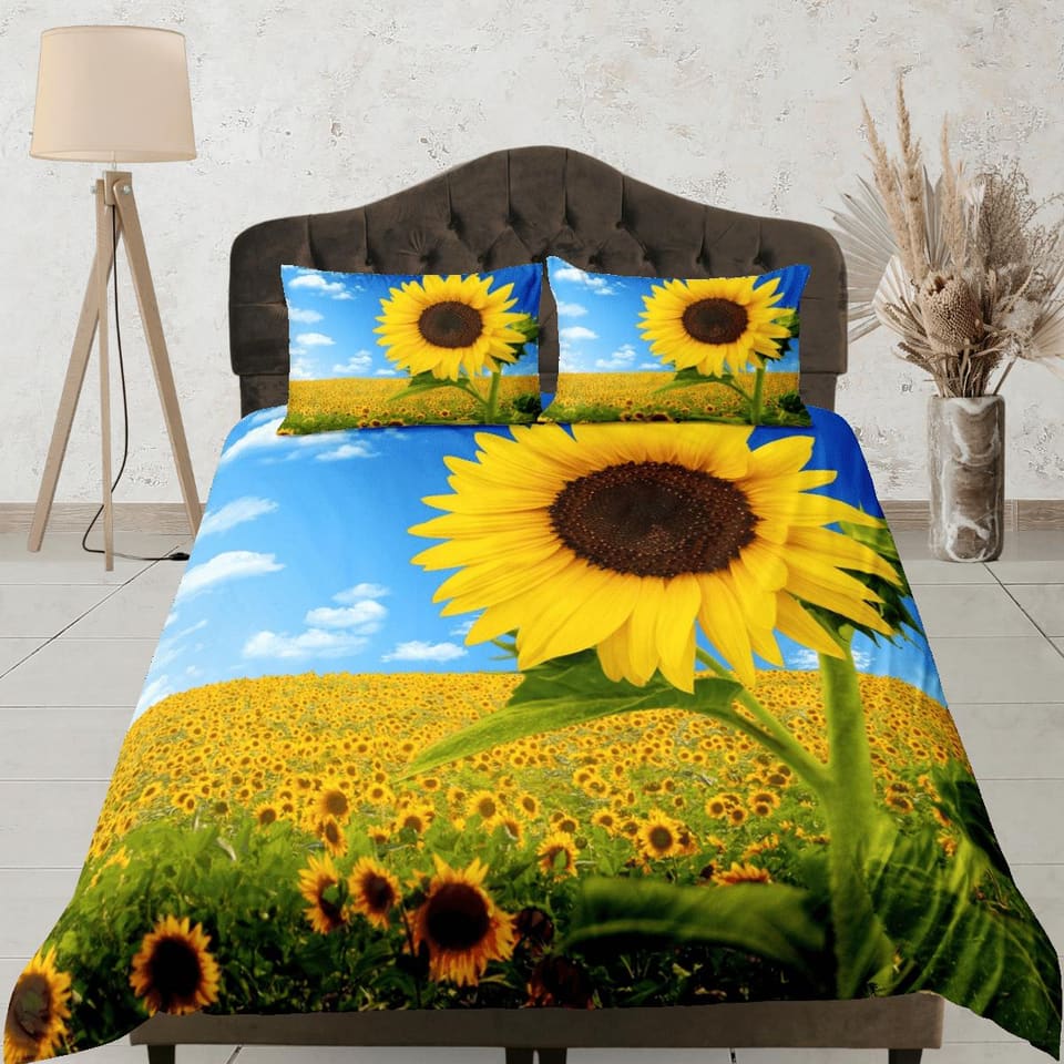 Sunflower farm floral bedding, luxury duvet cover queen, king, boho duvet, designer bedding, aesthetic bedding, maximalist…