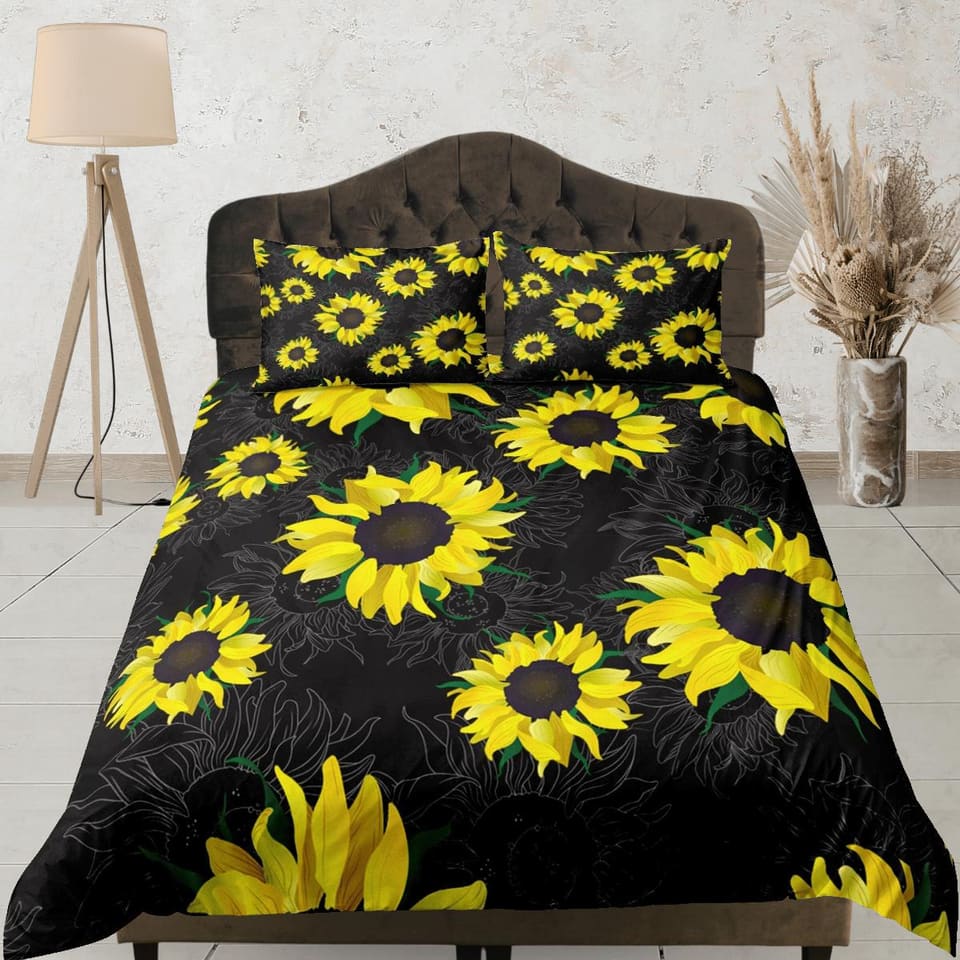 Sunflower floral bedding, black duvet cover queen, king, boho duvet, designer bedding, aesthetic bedding, maximalist decor…