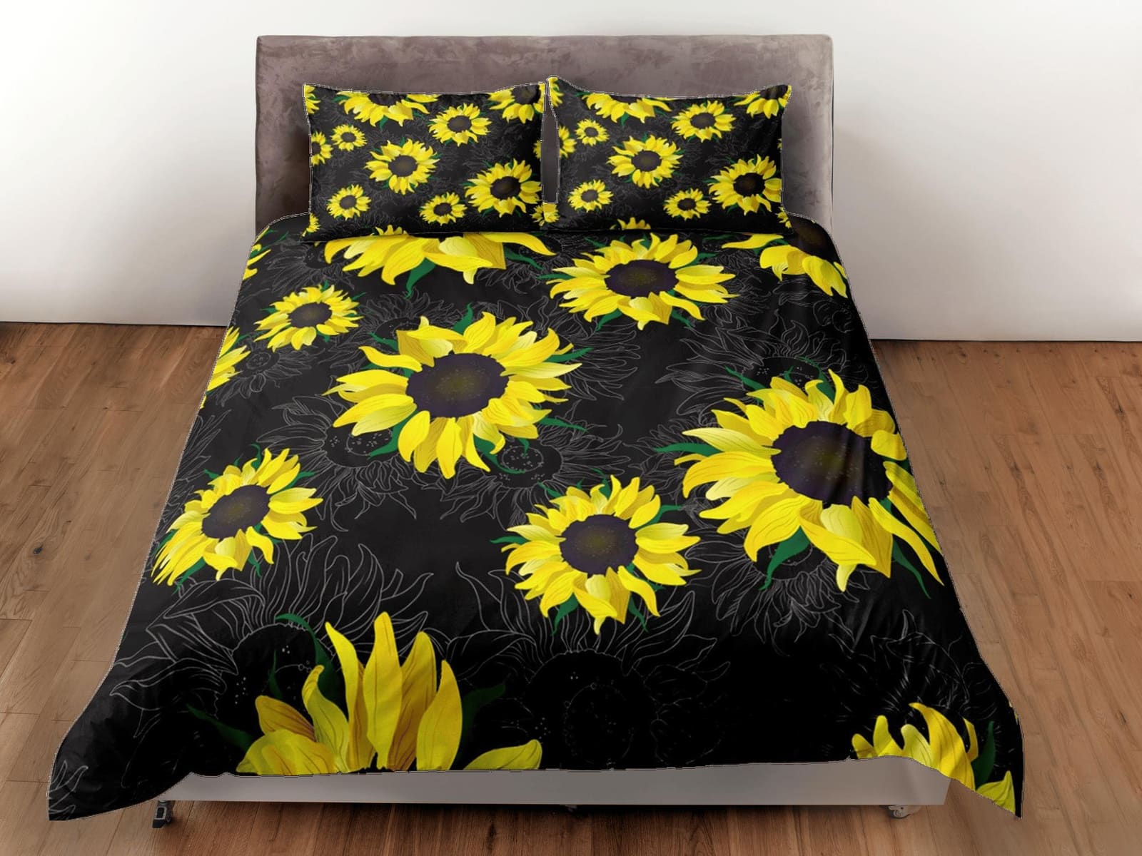 Sunflower floral bedding, black duvet cover queen, king, boho duvet, designer bedding, aesthetic bedding, maximalist decor…