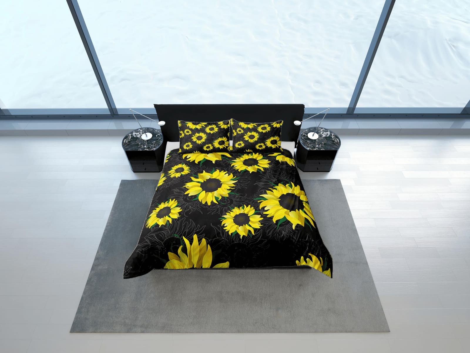 Sunflower floral bedding, black duvet cover queen, king, boho duvet, designer bedding, aesthetic bedding, maximalist decor…