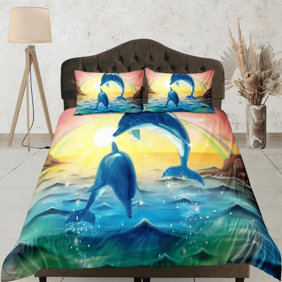 Sunset dolphins bedding tropical duvet cover, ocean blush decor bottle nose dolphin bedding set full king queen twin, dorm…