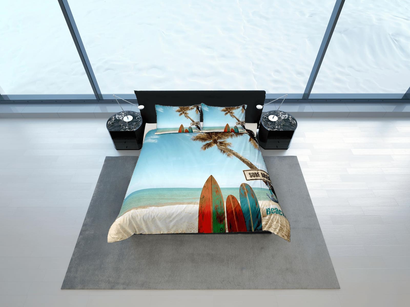 Surfer beach seaside coastal grandma duvet cover nautical bedding set full queen king, aesthetic room decor, ocean lover g…
