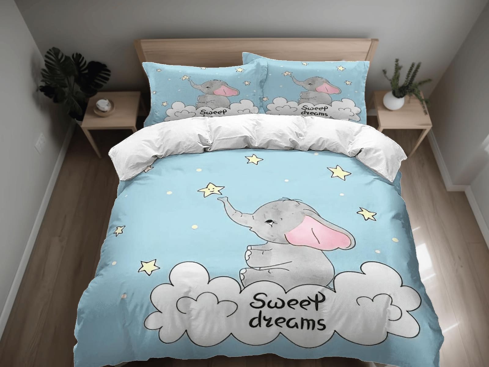 Sweet dreams elephant light blue bedding cute duvet cover set, kids bedding full, nursery bed decor, elephant baby shower,…