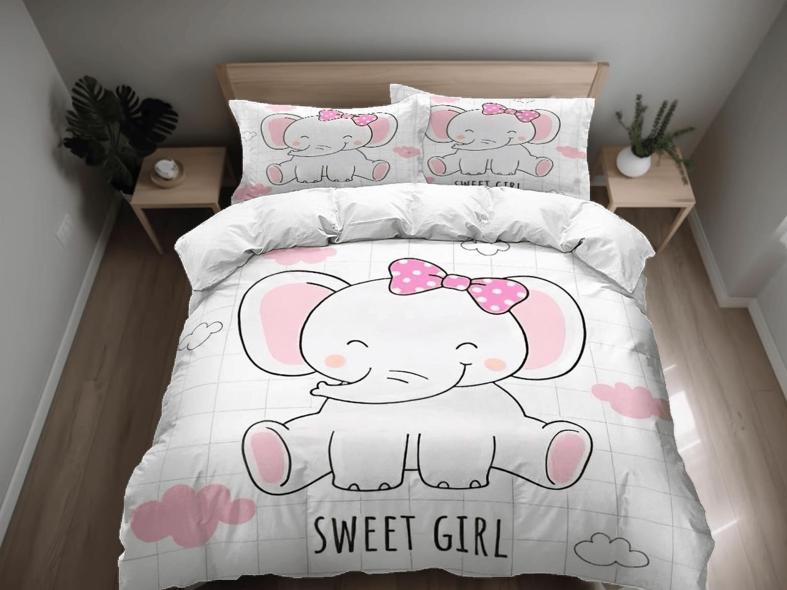 Sweet girl elephant bedding cute duvet cover set, kids bedding full, nursery bed decor, elephant baby shower, girl toddler…