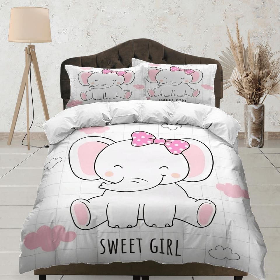 Sweet girl elephant bedding cute duvet cover set, kids bedding full, nursery bed decor, elephant baby shower, girl toddler…