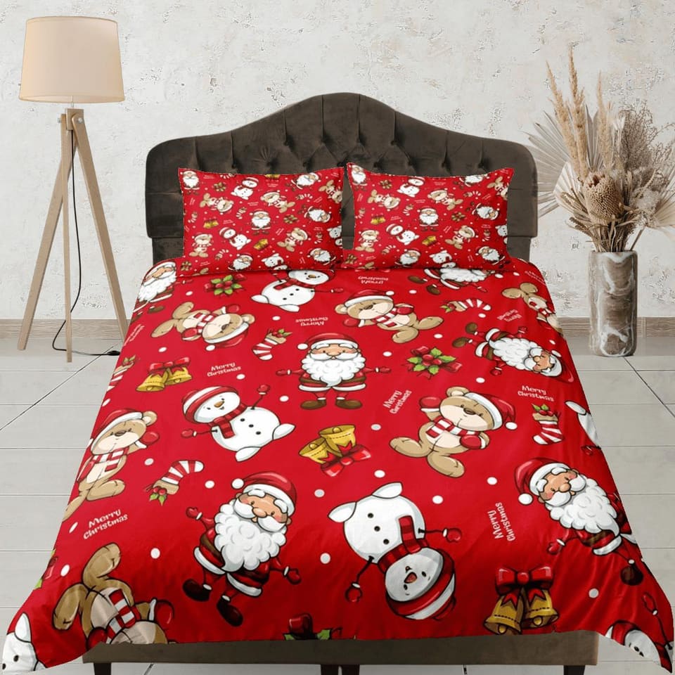 Teddy bear and santa claus red duvet cover set, christmas full size bedding & pillowcase, college bedding, toddler bedding…