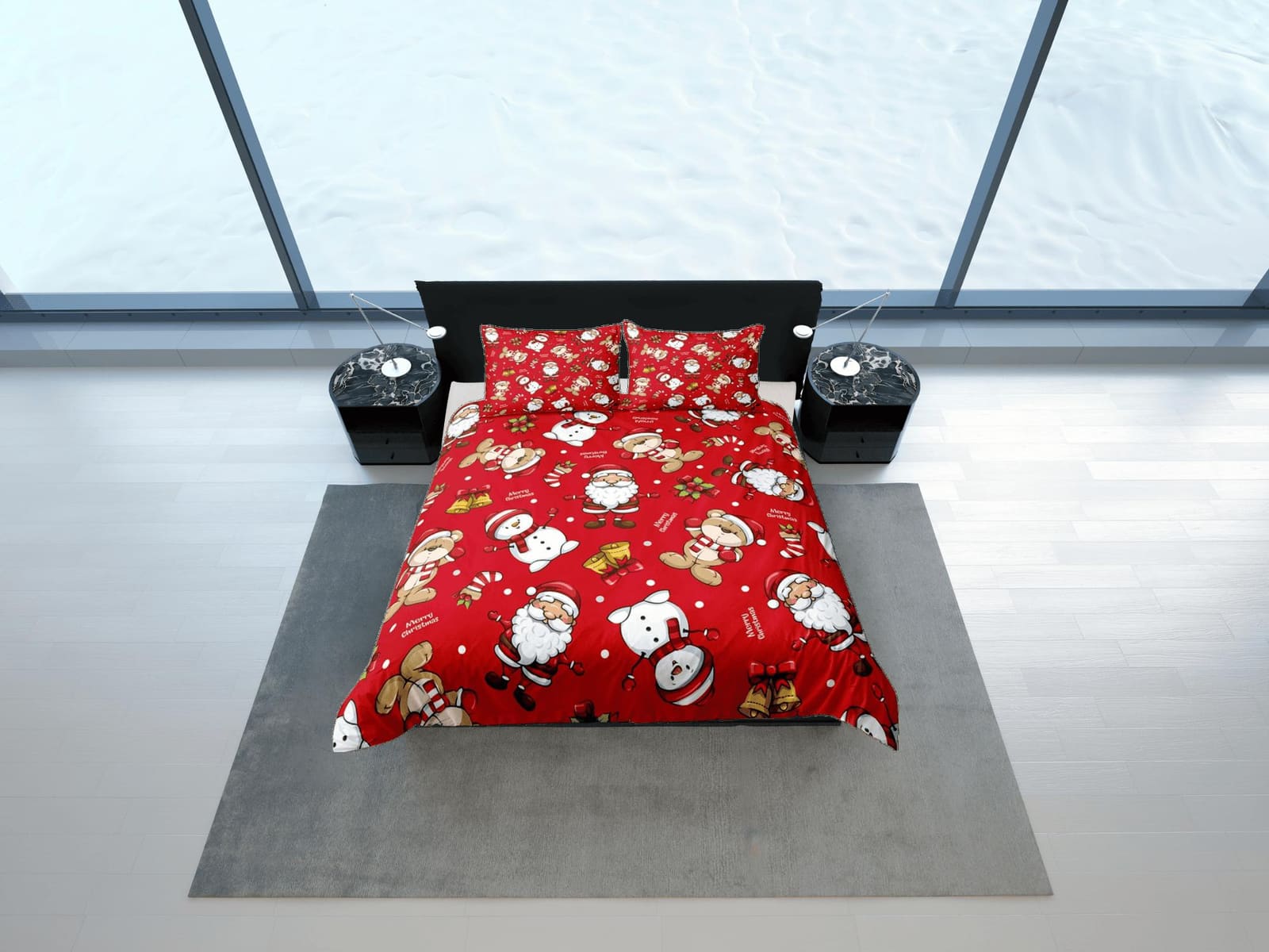Teddy bear and santa claus red duvet cover set, christmas full size bedding & pillowcase, college bedding, toddler bedding…