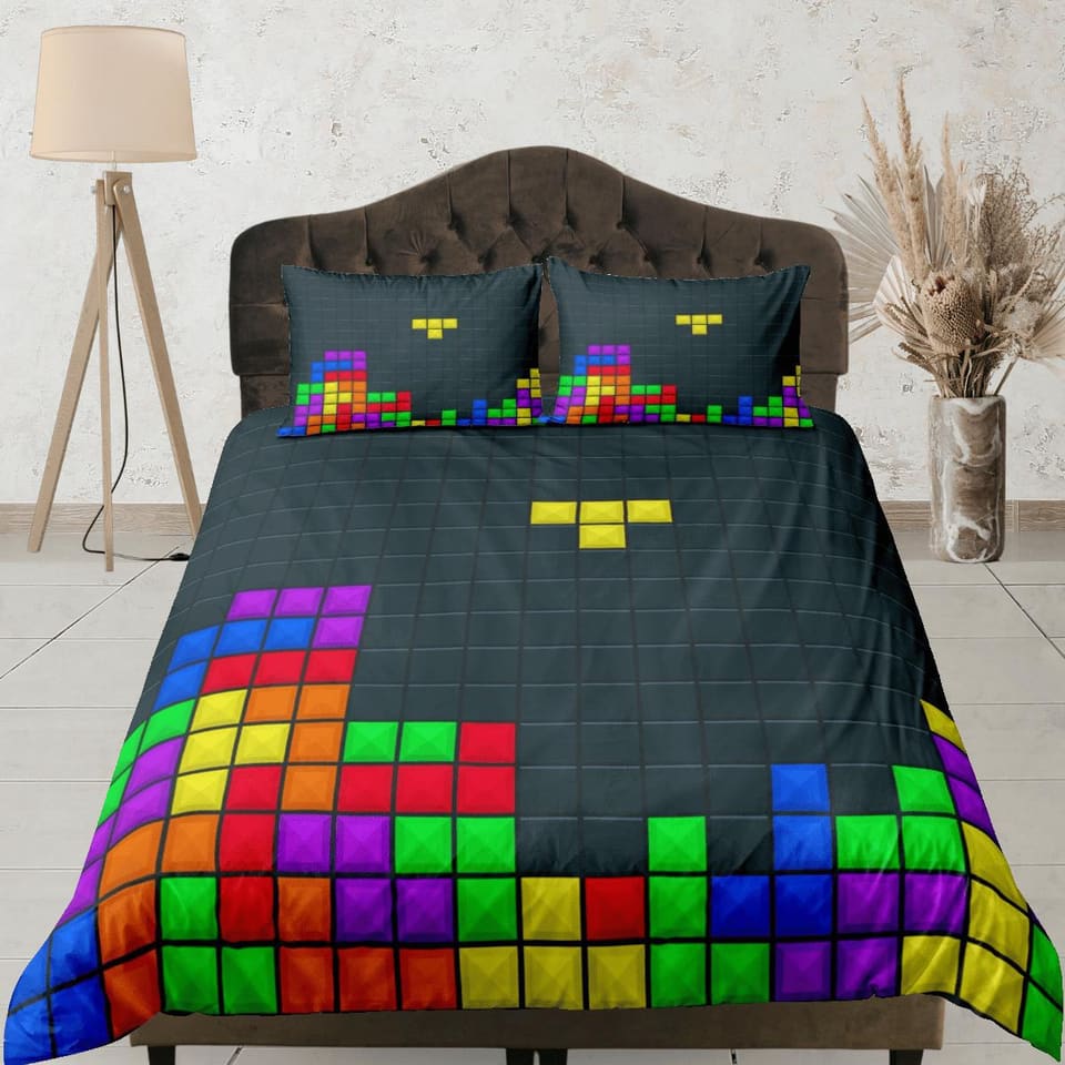 Tetris Duvet Cover Set Colorful Bedspread, Dorm Bedding with Pillowcase