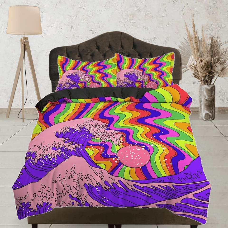 The Great Wave Bedding, Trippy Psychedelic Bedding Retro Vaporwave Hippie Bedding, Aesthetic Duvet Cover King Queen Full T…