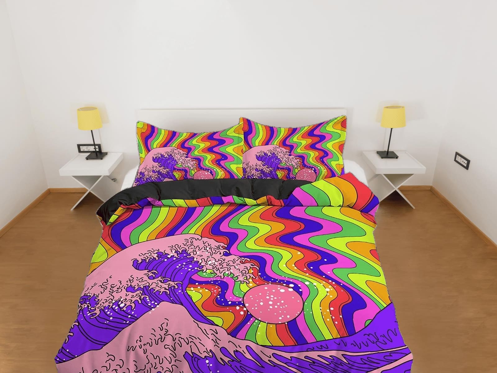 The Great Wave Bedding, Trippy Psychedelic Bedding Retro Vaporwave Hippie Bedding, Aesthetic Duvet Cover King Queen Full T…