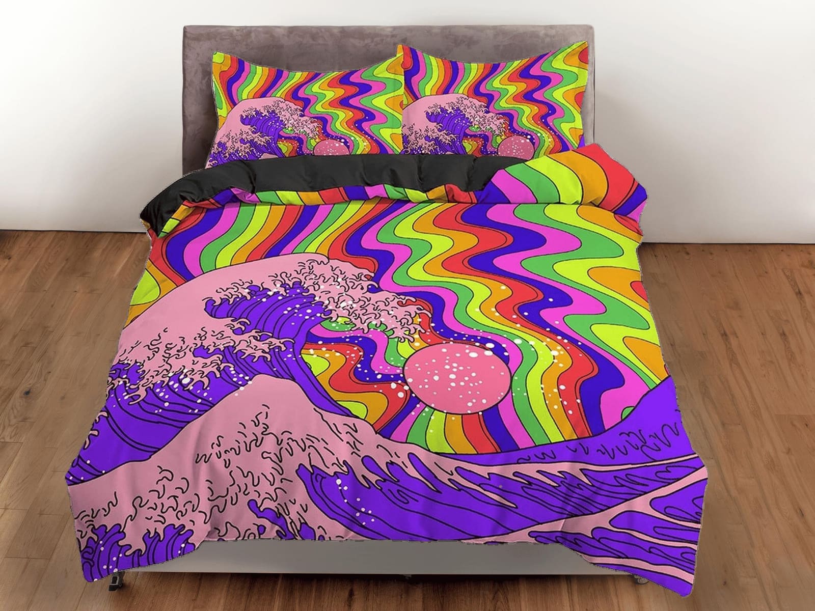 The Great Wave Bedding, Trippy Psychedelic Bedding Retro Vaporwave Hippie Bedding, Aesthetic Duvet Cover King Queen Full T…