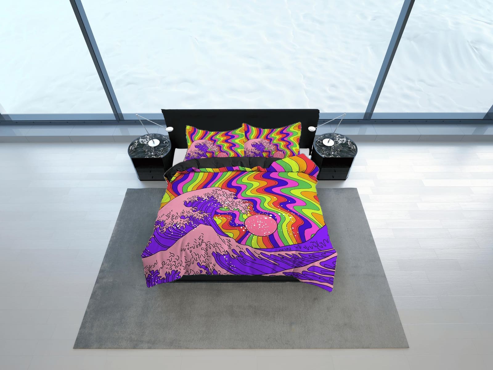 The Great Wave Bedding, Trippy Psychedelic Bedding Retro Vaporwave Hippie Bedding, Aesthetic Duvet Cover King Queen Full T…