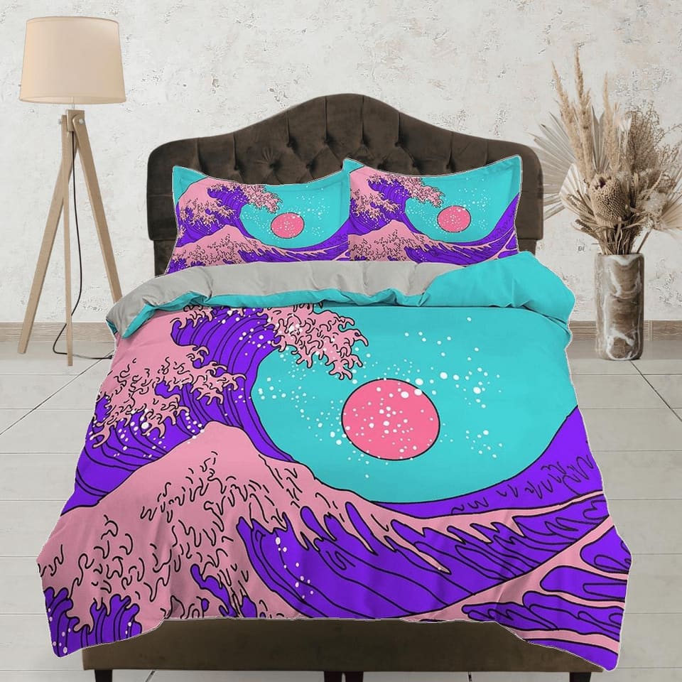 The Great Wave Bedding, Vaporwave Hippie Bedding, Japanese Duvet Cover Set, Aesthetic Cyan Duvet Cover King Queen Full Twi…