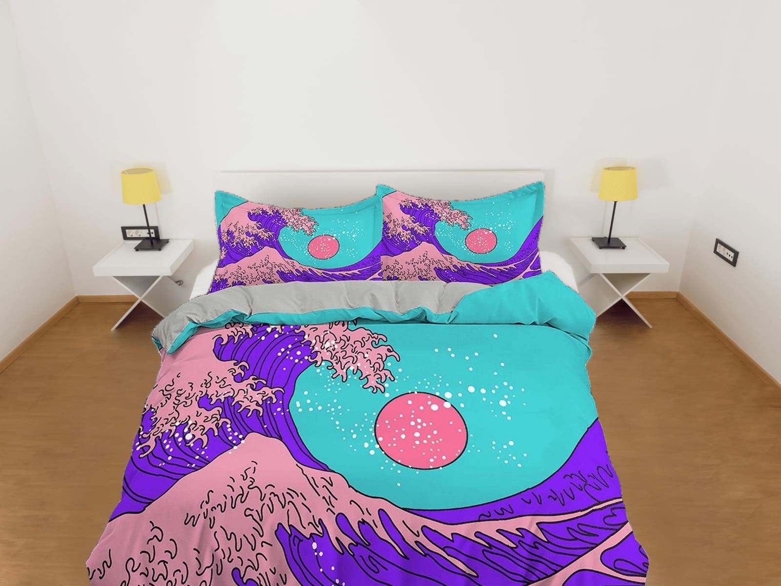 The Great Wave Bedding, Vaporwave Hippie Bedding, Japanese Duvet Cover Set, Aesthetic Cyan Duvet Cover King Queen Full Twi…