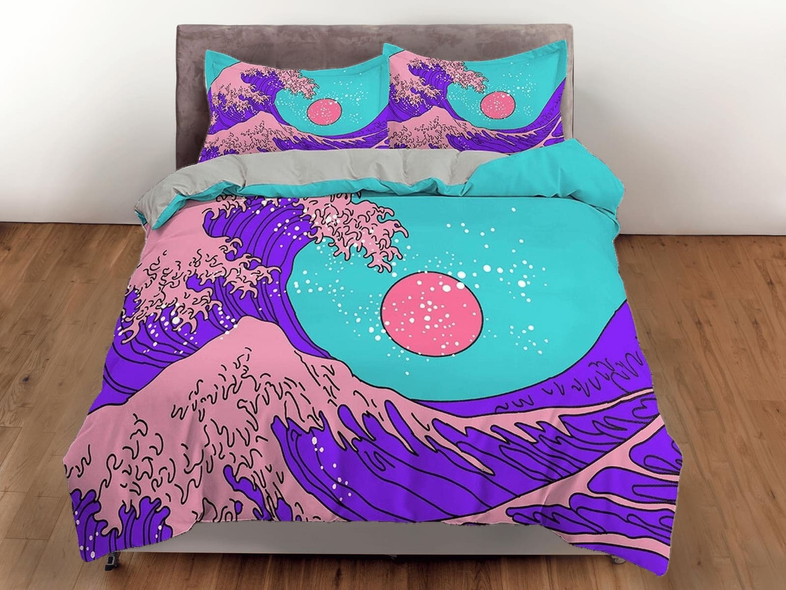 The Great Wave Bedding, Vaporwave Hippie Bedding, Japanese Duvet Cover Set, Aesthetic Cyan Duvet Cover King Queen Full Twi…