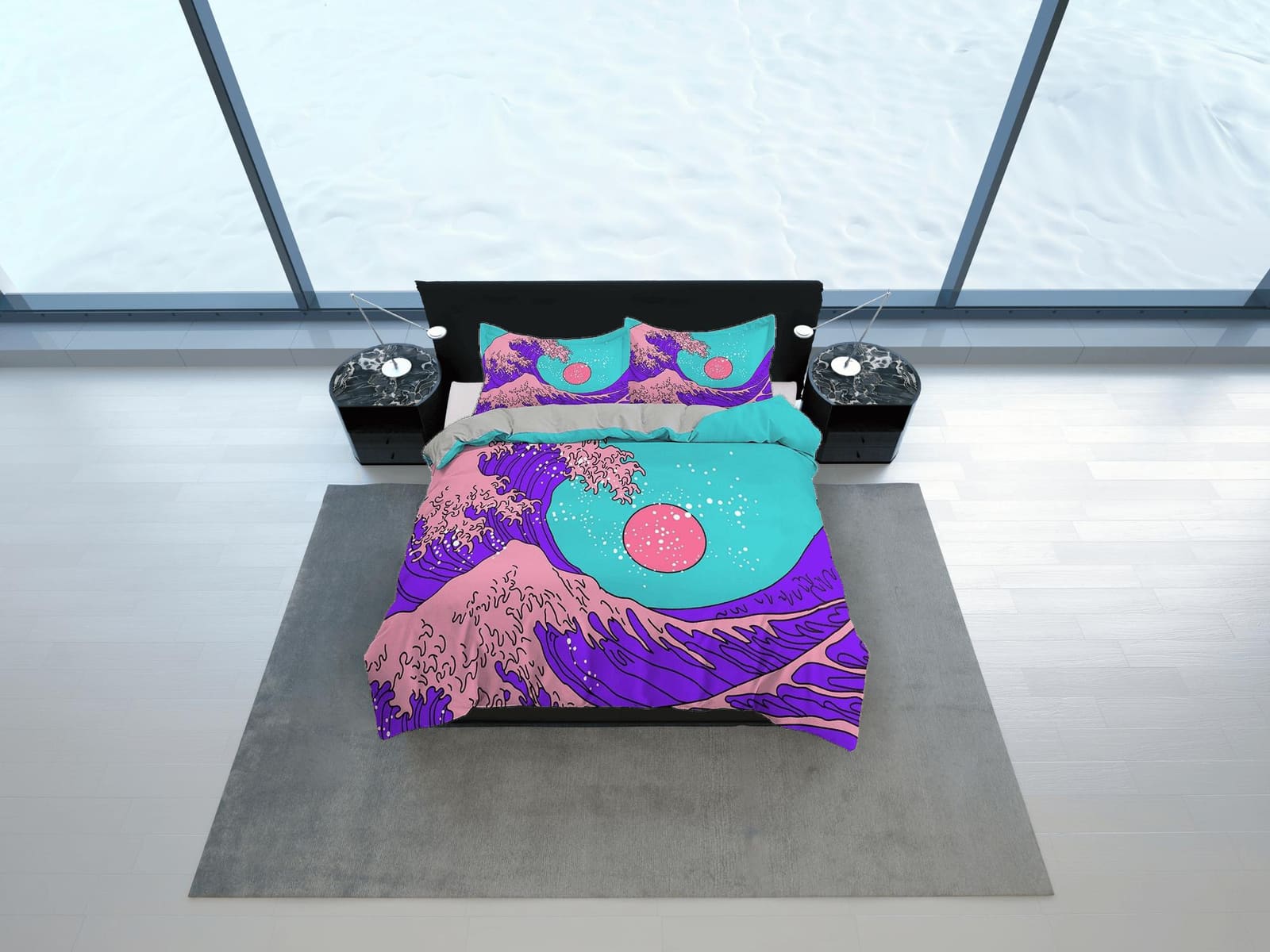 The Great Wave Bedding, Vaporwave Hippie Bedding, Japanese Duvet Cover Set, Aesthetic Cyan Duvet Cover King Queen Full Twi…